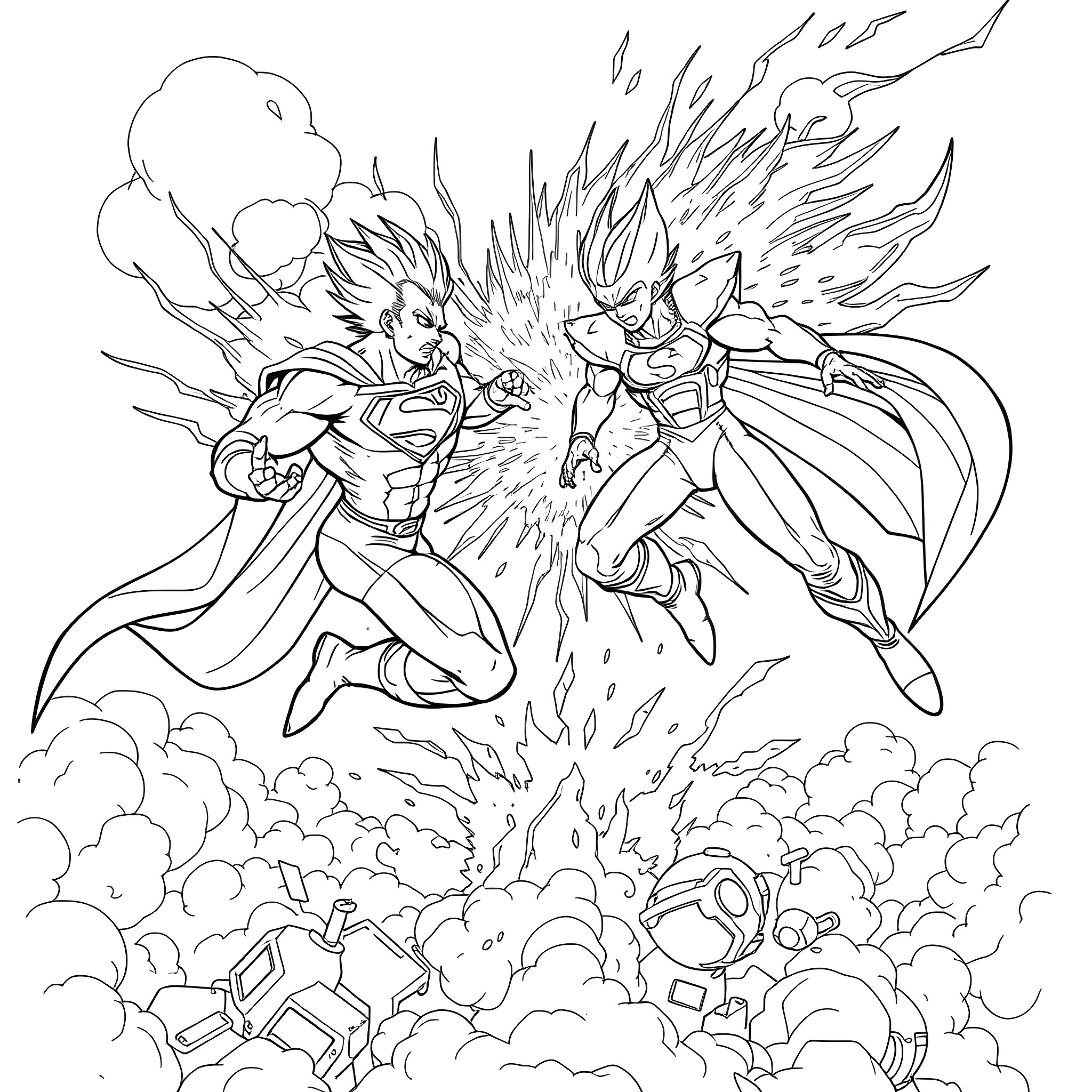 Superman and Villain's Epic Clash in the Sky Coloring Page (free black-and-white line drawing printable PDF for all, from beginners to advanced learners, including children, teens, adults, and seniors)