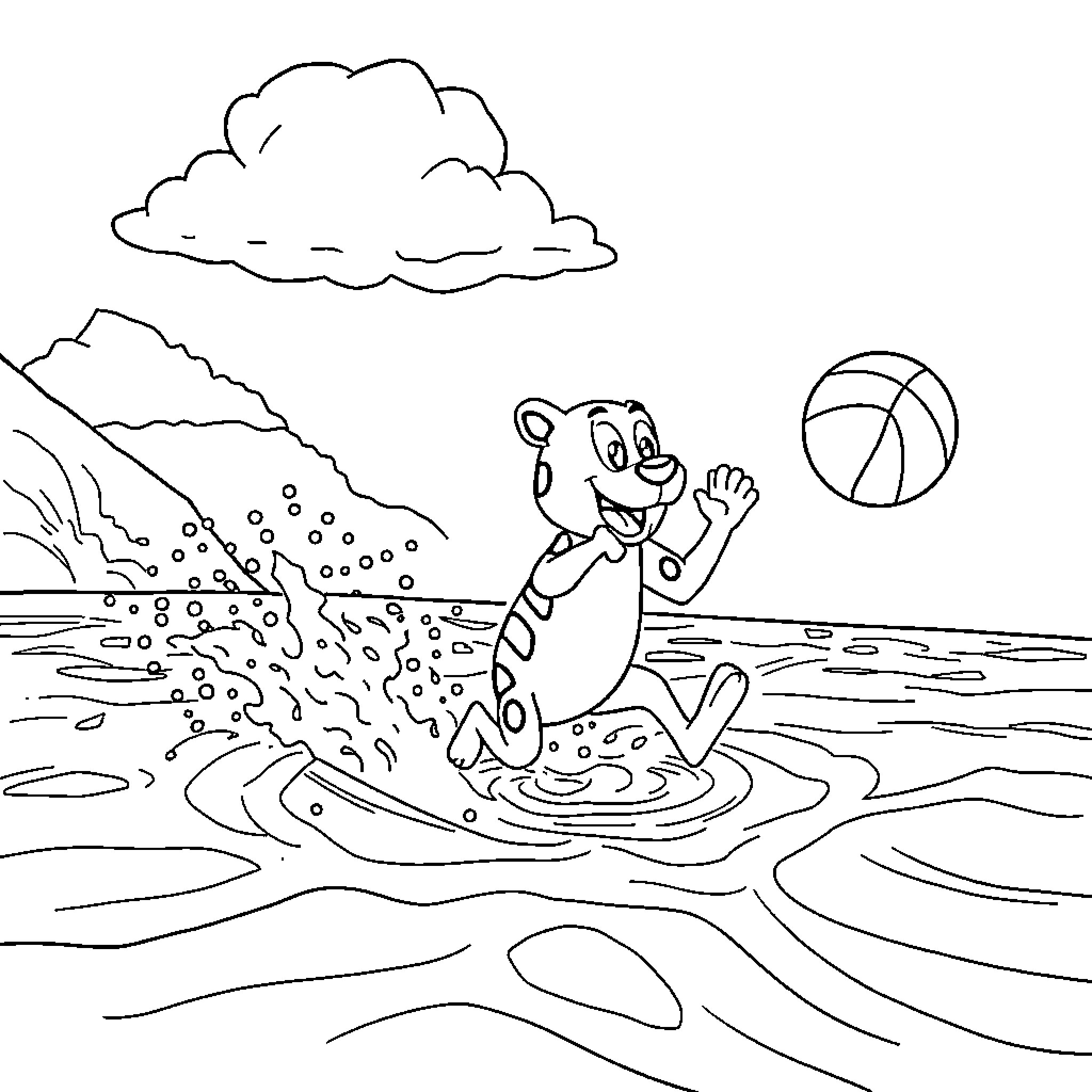 Plim Plim playing with beach ball in the water Coloring Page (free black-and-white line drawing printable PDF for all, from beginners to advanced learners, including children, teens, adults, and seniors)