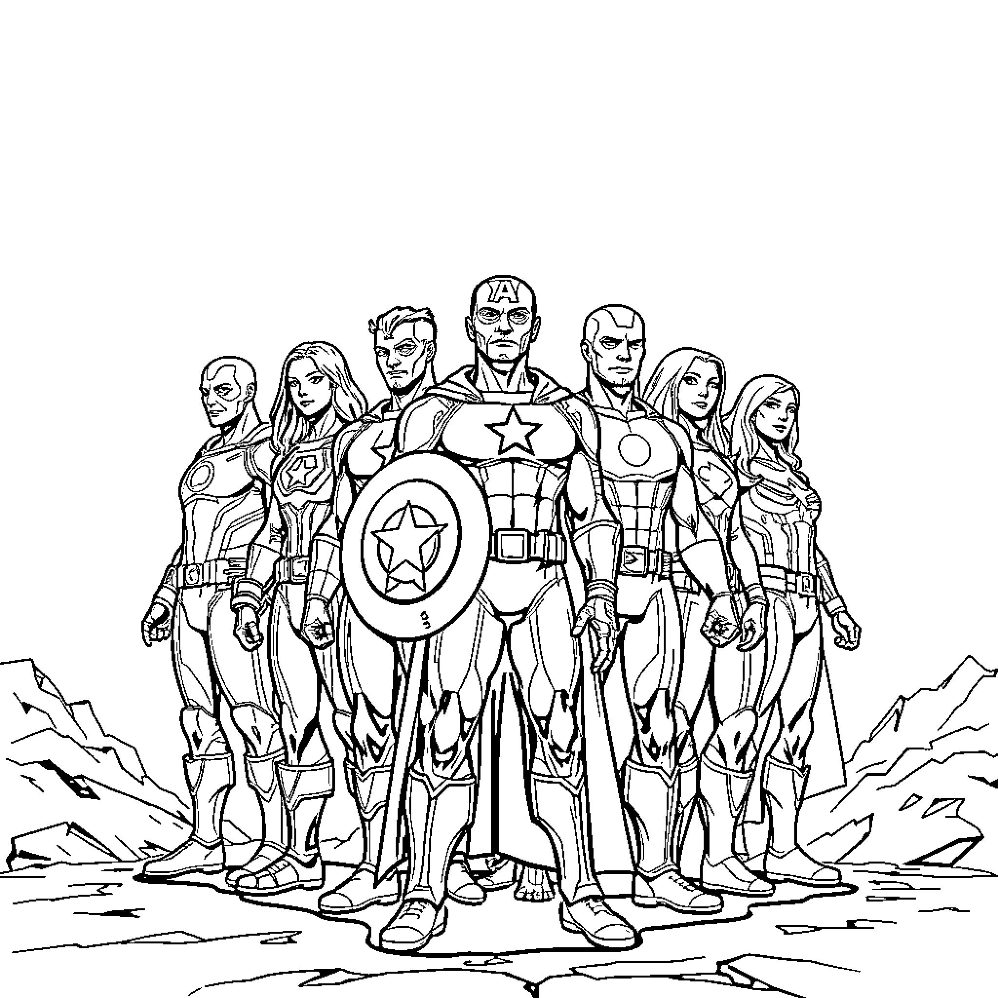 Avenger Heroes Assemble for Action Coloring Page (free black-and-white line drawing printable PDF for all, from beginners to advanced learners, including children, teens, adults, and seniors)