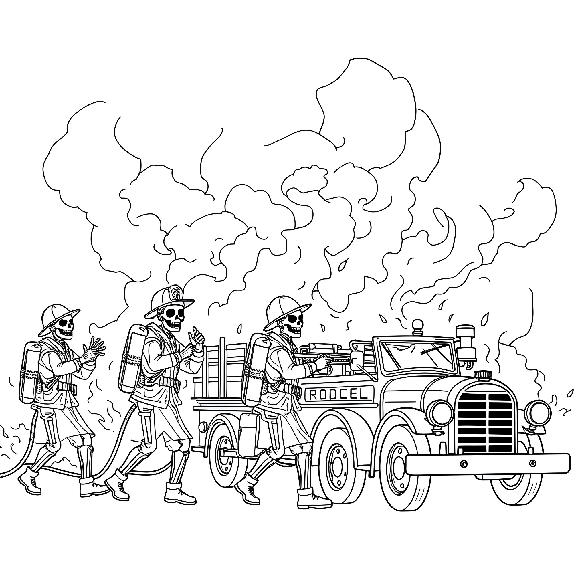 Skeleton firefighters responding to an emergency call Coloring Page (free black-and-white line drawing printable PDF for all, from beginners to advanced learners, including children, teens, adults, and seniors)