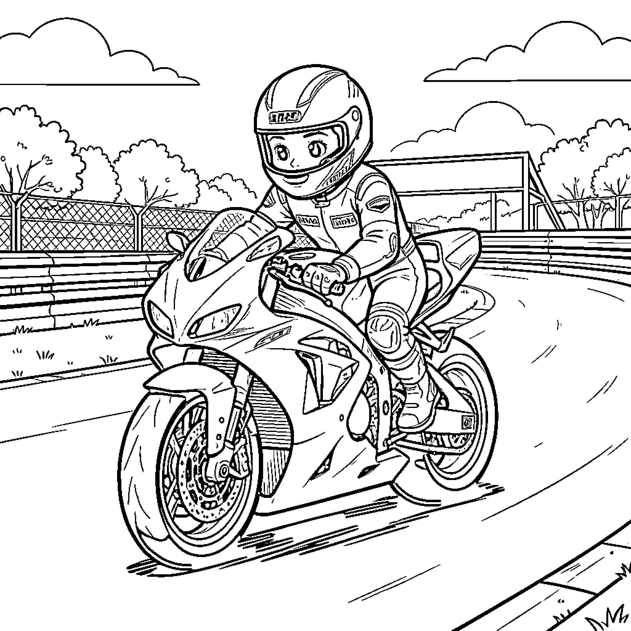 Superbike racer speeding through a professional racing track Coloring Page (free black-and-white line drawing printable PDF for all, from beginners to advanced learners, including children, teens, adults, and seniors)