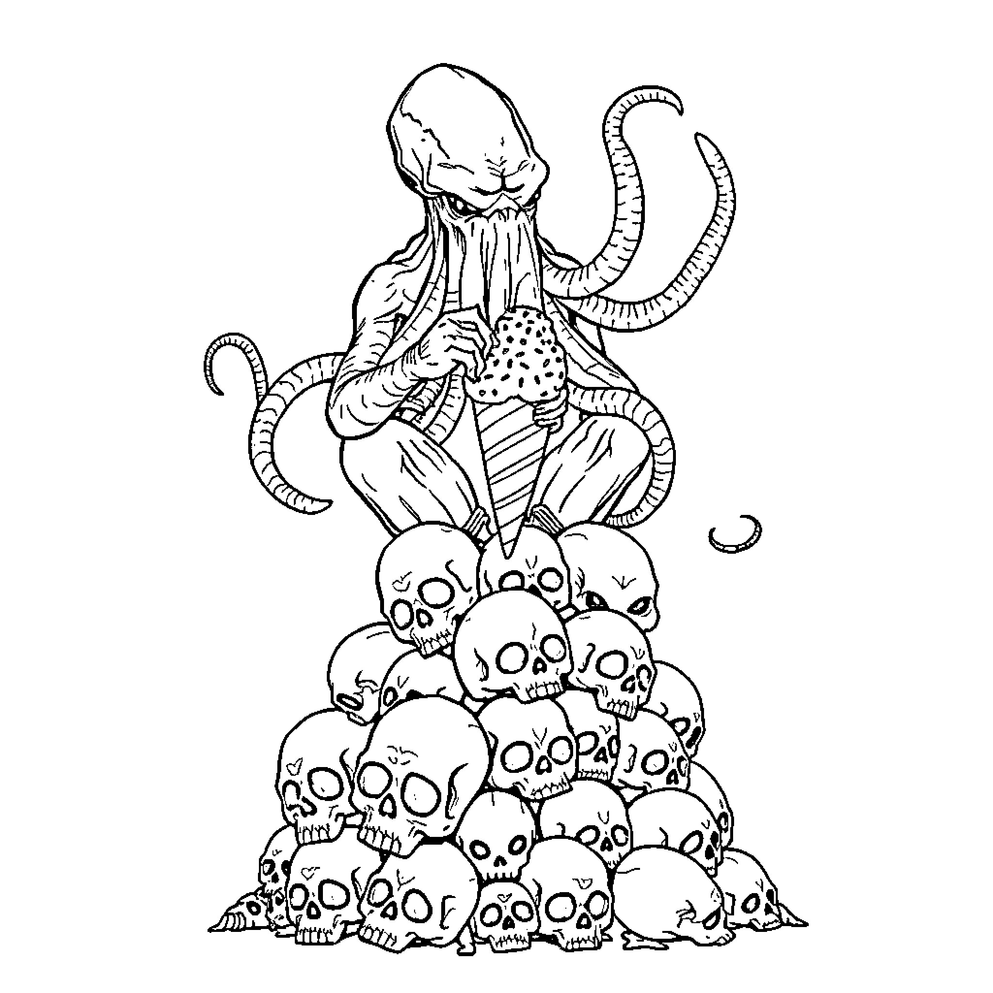 Cthulhu Rises from Pile of Skulls Coloring Page (free black-and-white line drawing printable PDF for all, from beginners to advanced learners, including children, teens, adults, and seniors)