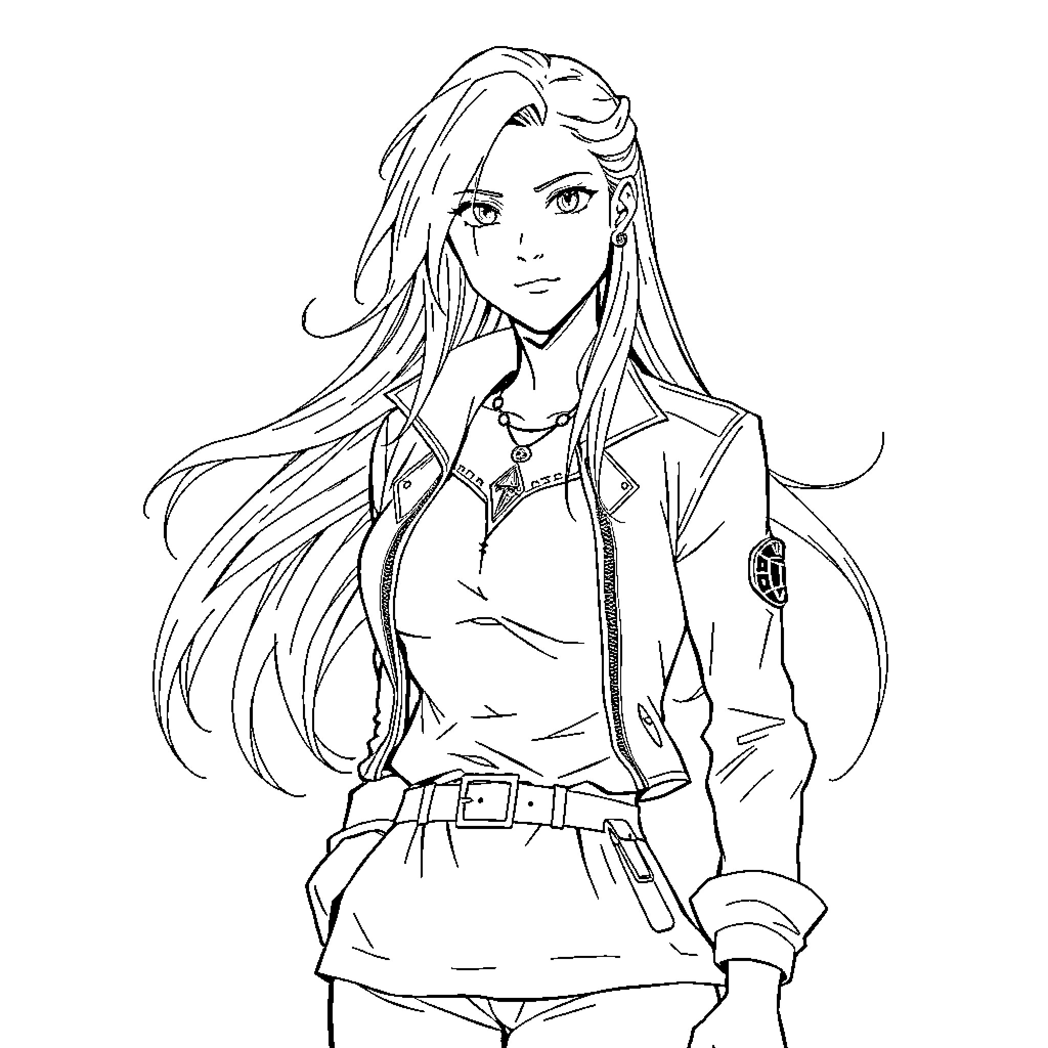 Tsunade in commanding attire and stance Coloring Page (free black-and-white line drawing printable PDF for all, from beginners to advanced learners, including children, teens, adults, and seniors)