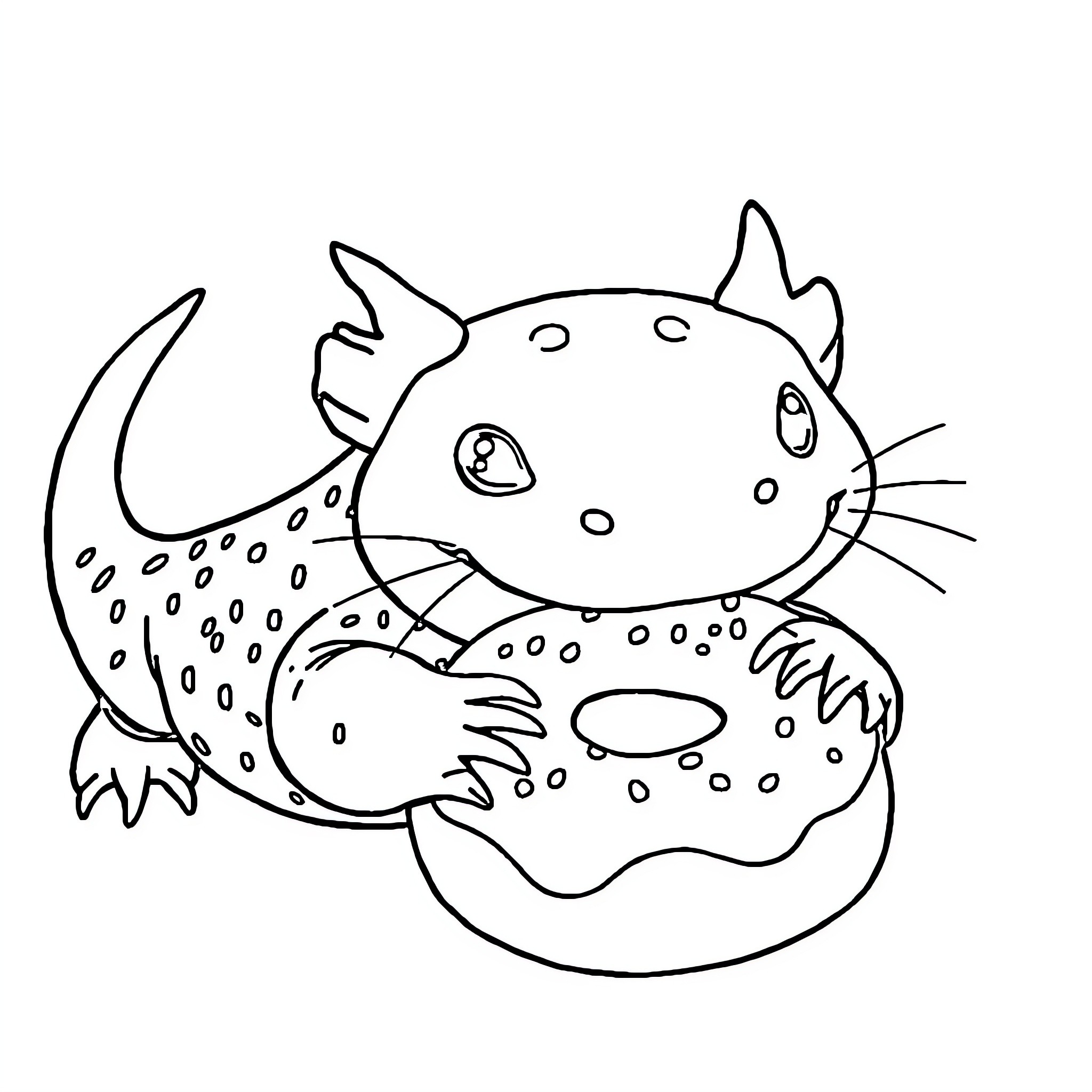 Axolotl Playing with Underwater Donut Coloring Page (free black-and-white line drawing printable PDF for all, from beginners to advanced learners, including children, teens, adults, and seniors)