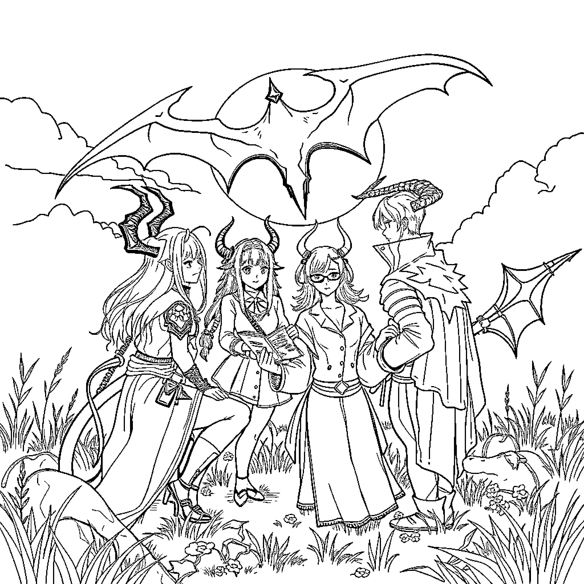 Demon Hunter Group Exploring Mystical Landscape Coloring Page (free black-and-white line drawing printable PDF for all, from beginners to advanced learners, including children, teens, adults, and seniors)