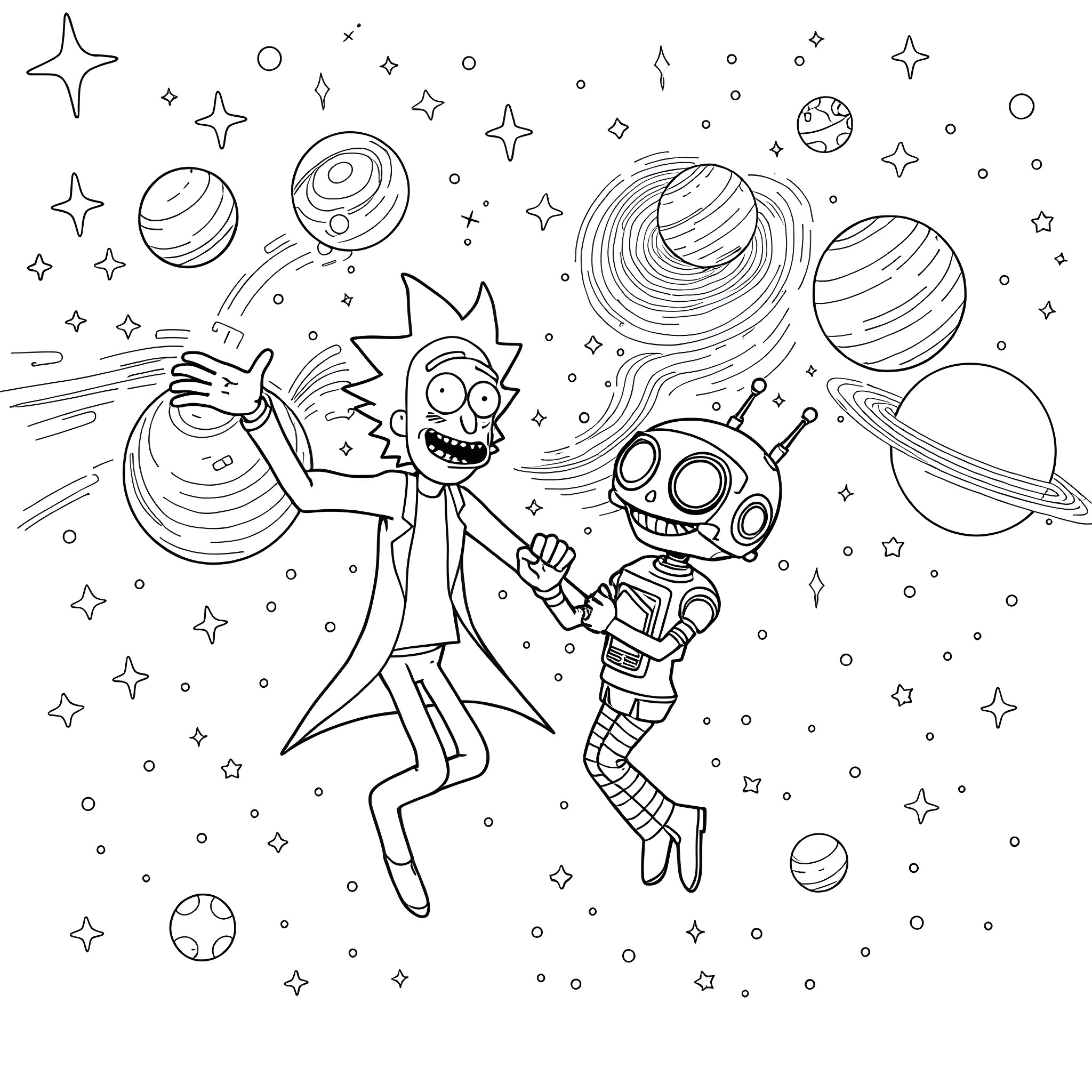 Rick's Cosmic Adventure with Quirky Companions Coloring Page (free black-and-white line drawing printable PDF for all, from beginners to advanced learners, including children, teens, adults, and seniors)