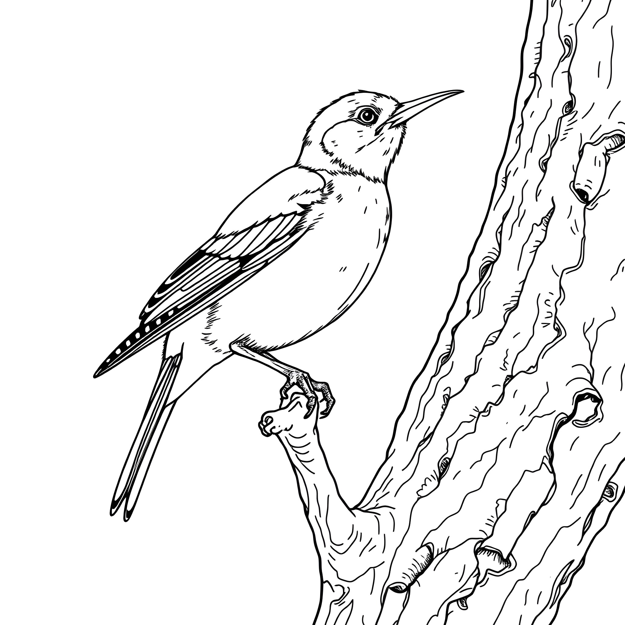 Oriole perched on tree branch Coloring Page (free black-and-white line drawing printable PDF for all, from beginners to advanced learners, including children, teens, adults, and seniors)