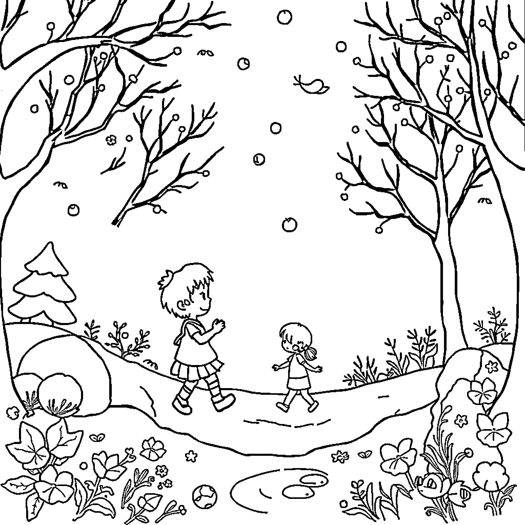 Seasons of Playful Wonder in the Snowy Landscape Coloring Page (free black-and-white line drawing printable PDF for all, from beginners to advanced learners, including children, teens, adults, and seniors)