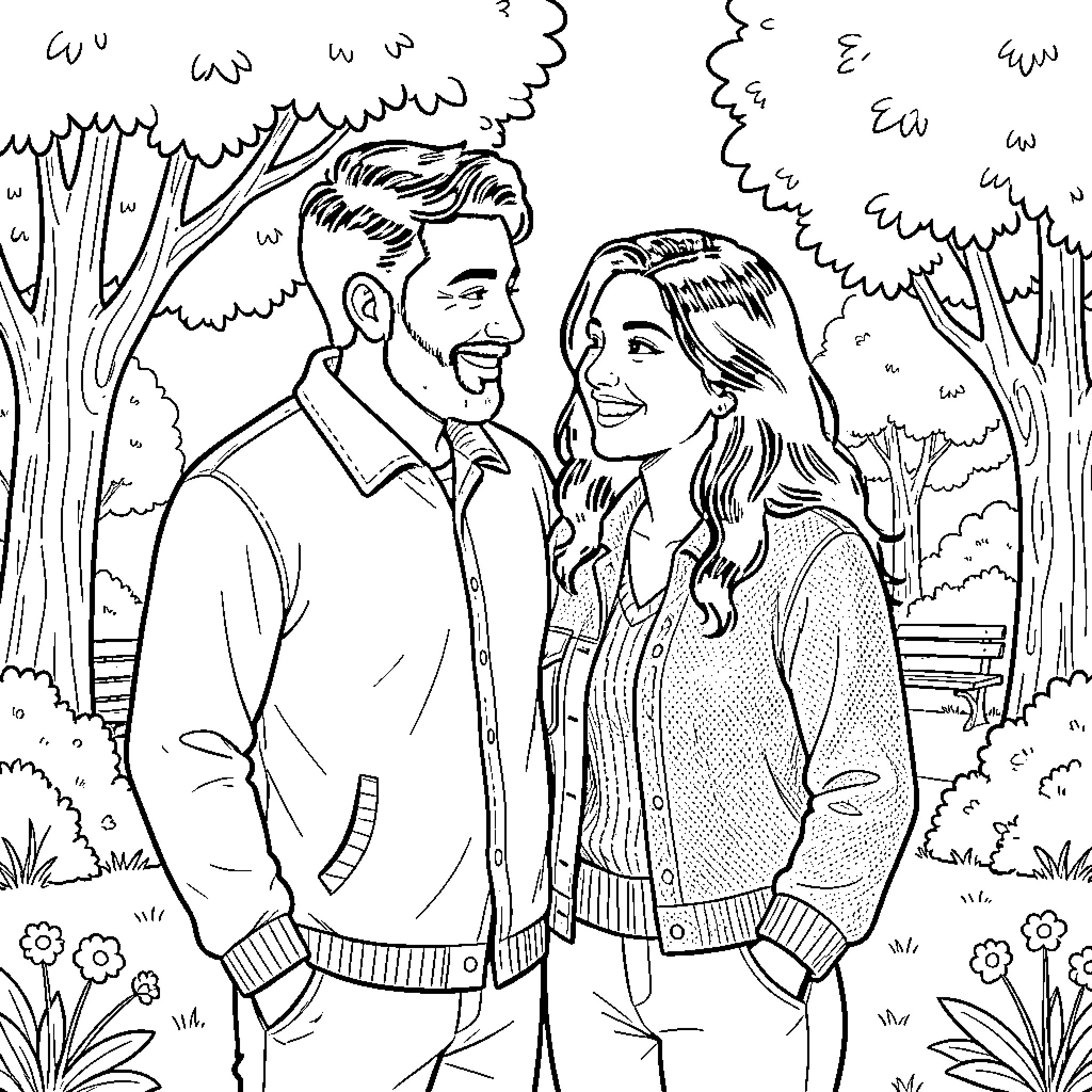 Couple sharing a tender moment outdoors Coloring Page (free black-and-white line drawing printable PDF for all, from beginners to advanced learners, including children, teens, adults, and seniors)