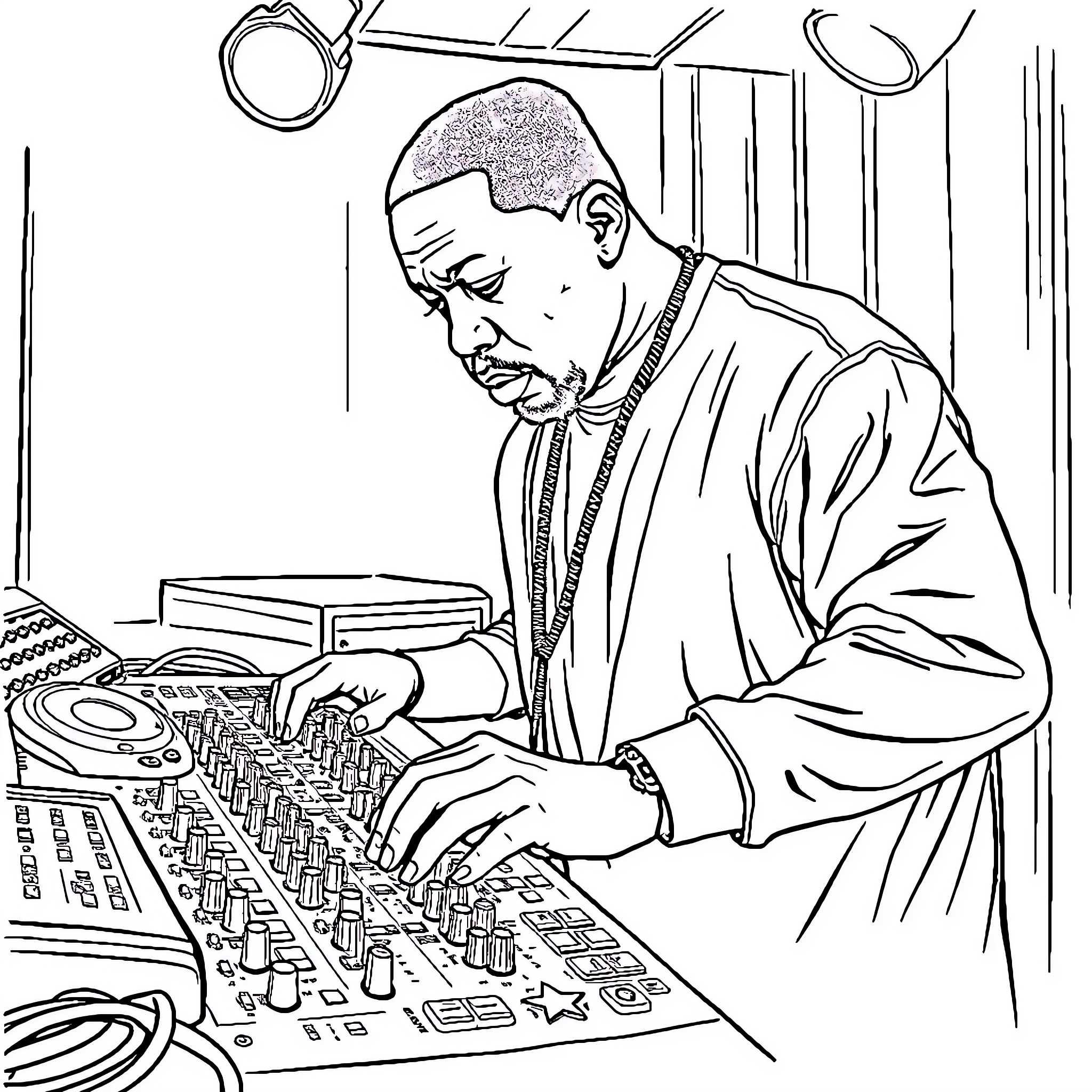 Dr. Dre Performing on DJ Console Coloring Page (free black-and-white line drawing printable PDF for all, from beginners to advanced learners, including children, teens, adults, and seniors)