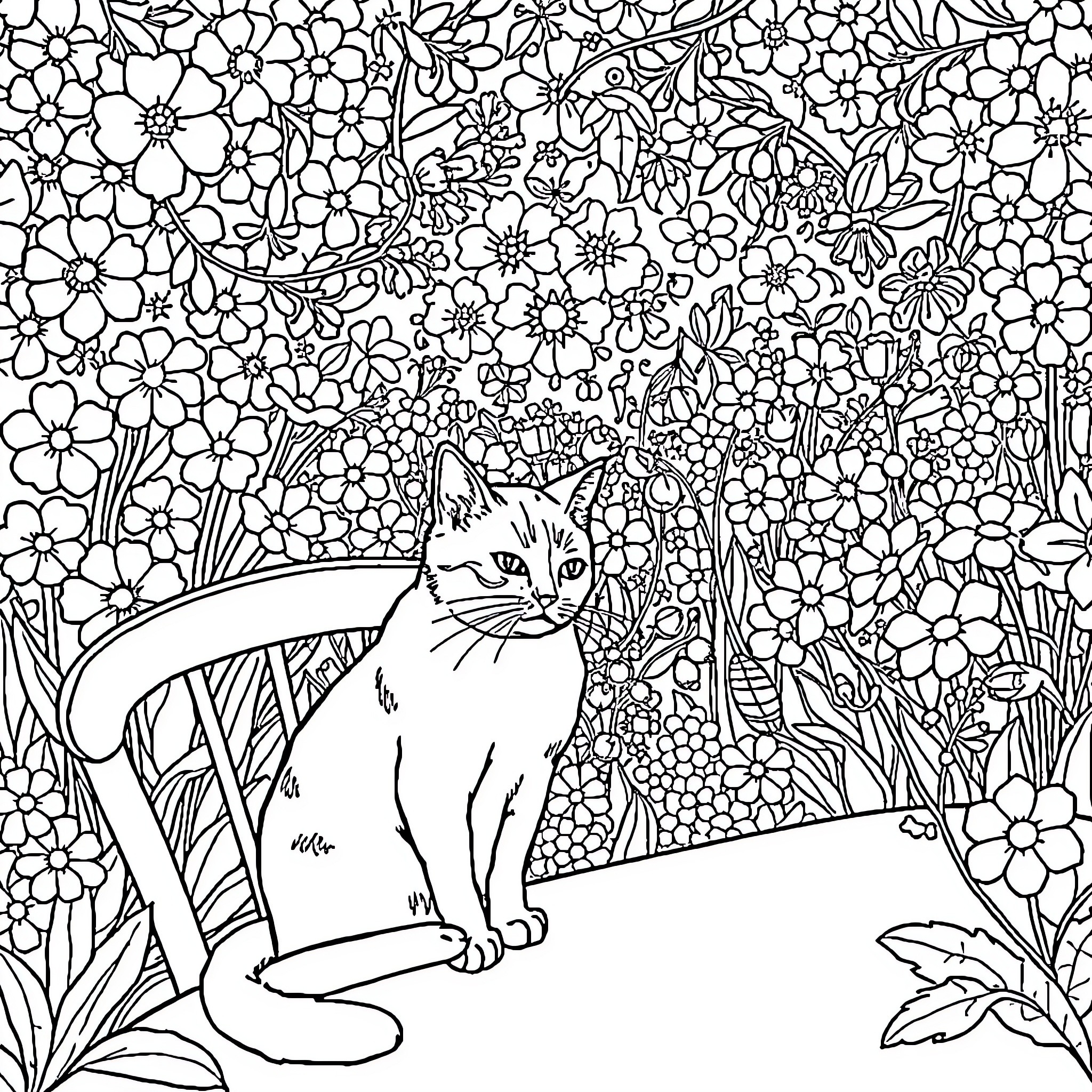 Cat among the flowers Coloring Page (free black-and-white line drawing printable PDF for all, from beginners to advanced learners, including children, teens, adults, and seniors)