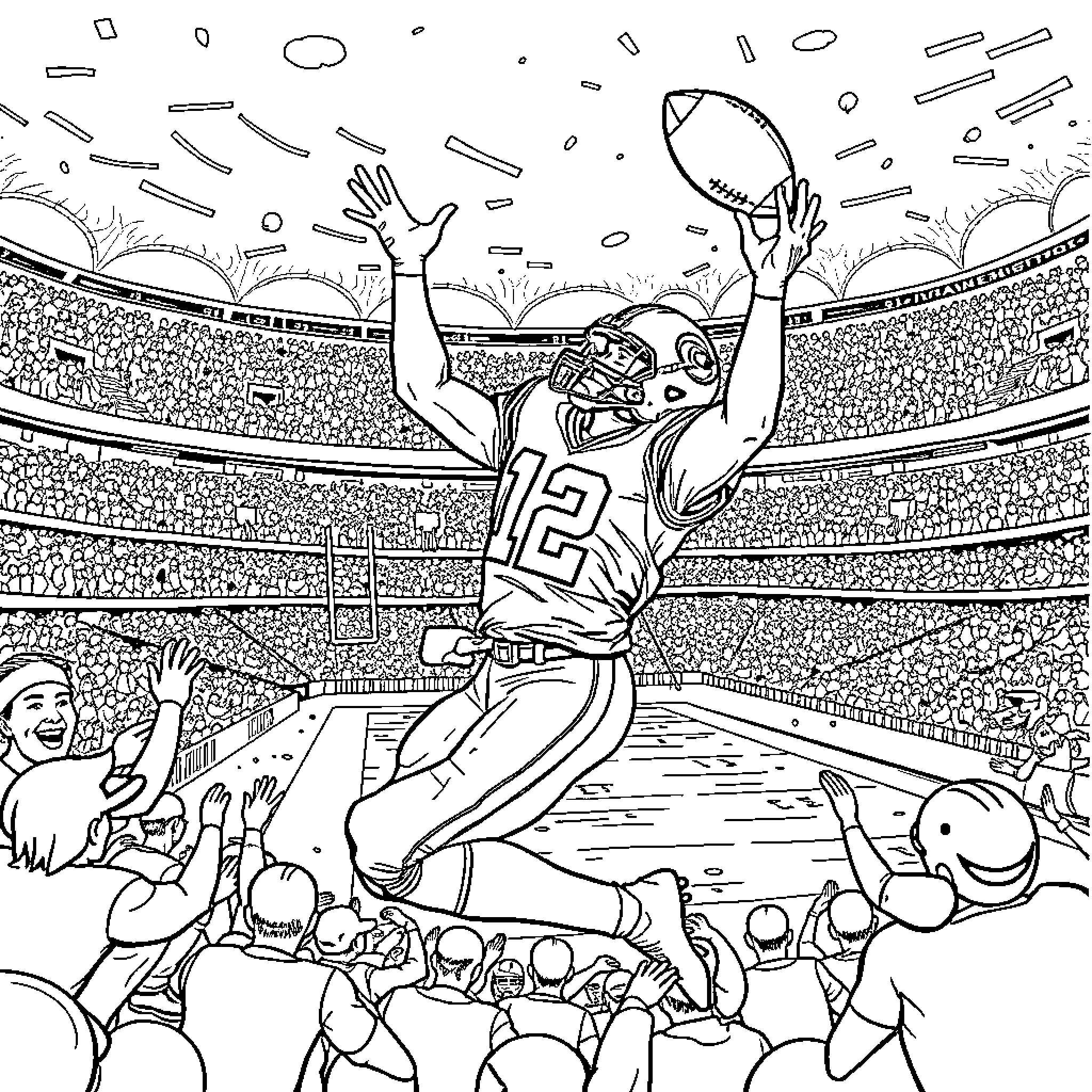 NFL Player Makes Game-Winning Touchdown in Stadium Coloring Page (free black-and-white line drawing printable PDF for all, from beginners to advanced learners, including children, teens, adults, and seniors)