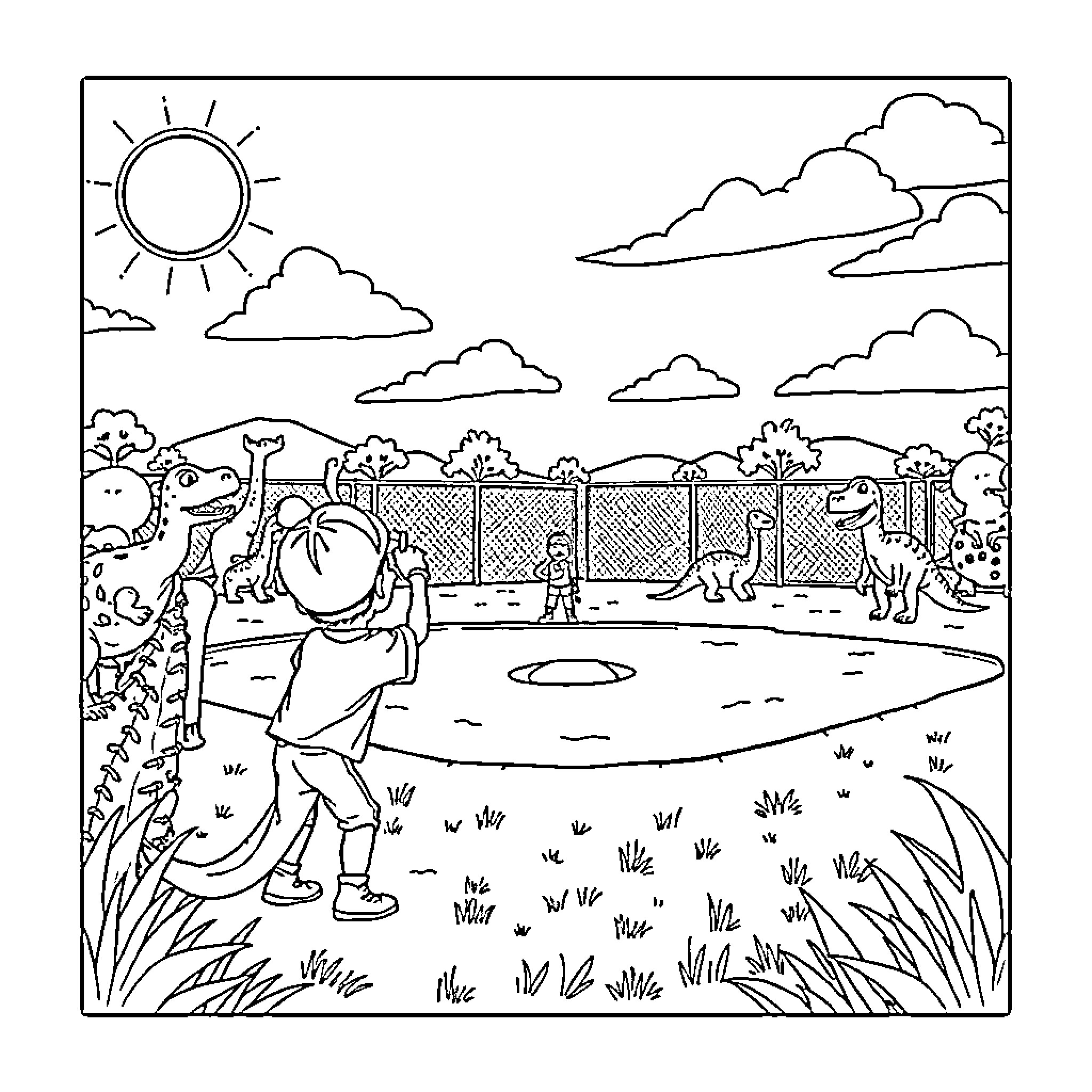 Dinosaurs exploring a scenic outdoor environment Coloring Page (free black-and-white line drawing printable PDF for all, from beginners to advanced learners, including children, teens, adults, and seniors)