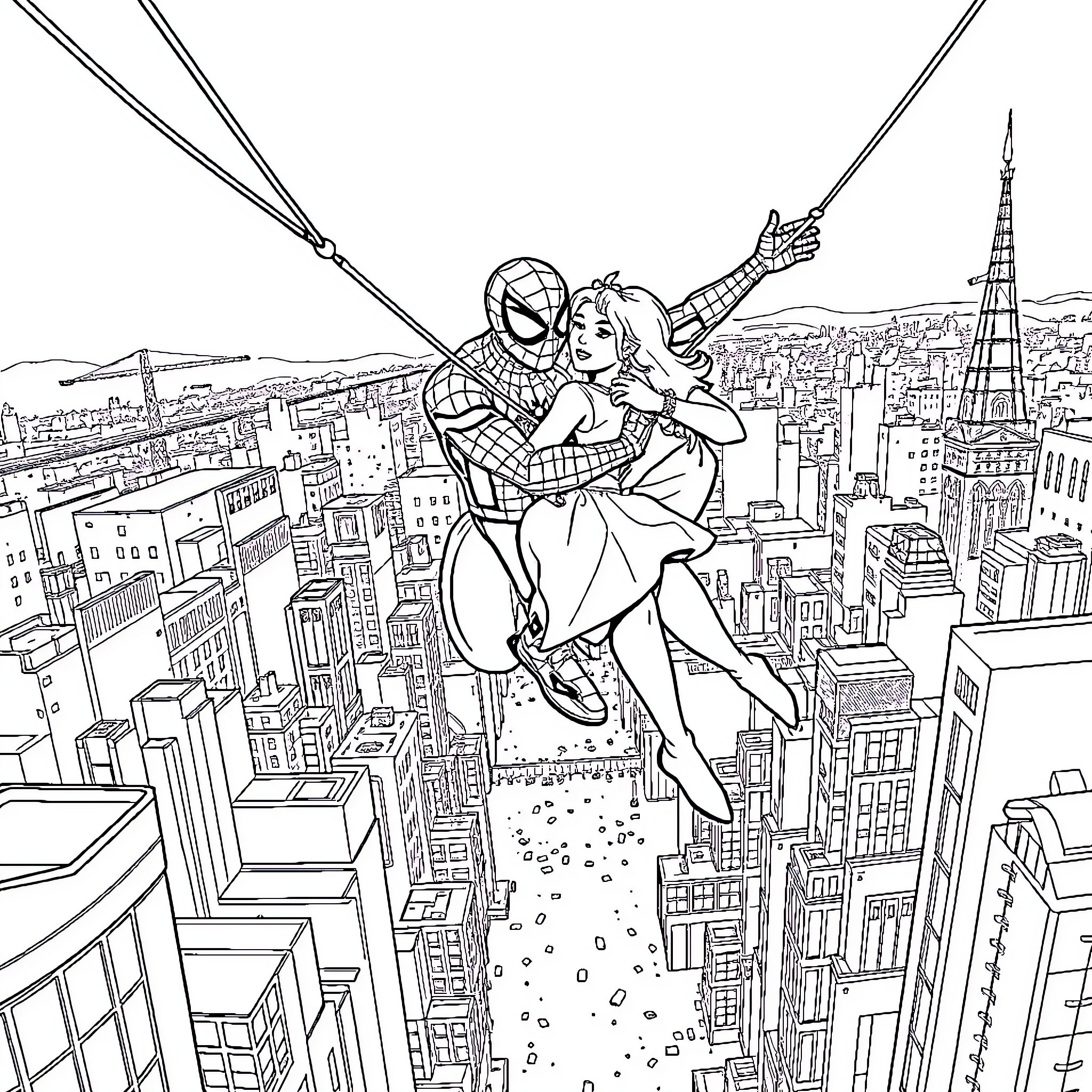 Spiderman and woman soaring over city skyline Coloring Page (free black-and-white line drawing printable PDF for all, from beginners to advanced learners, including children, teens, adults, and seniors)