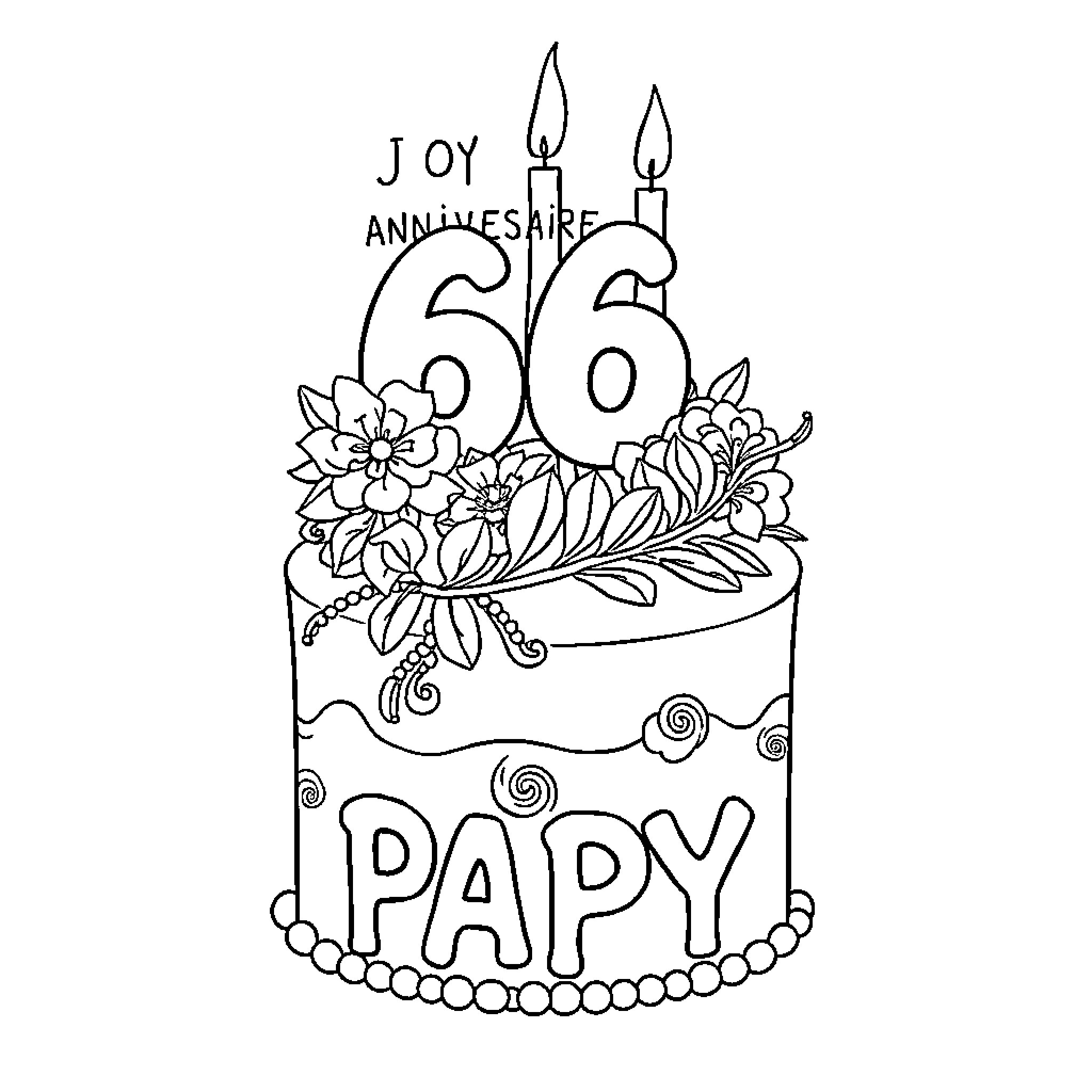 Gâteau with joyful 66th birthday celebration Coloring Page (free black-and-white line drawing printable PDF for all, from beginners to advanced learners, including children, teens, adults, and seniors)