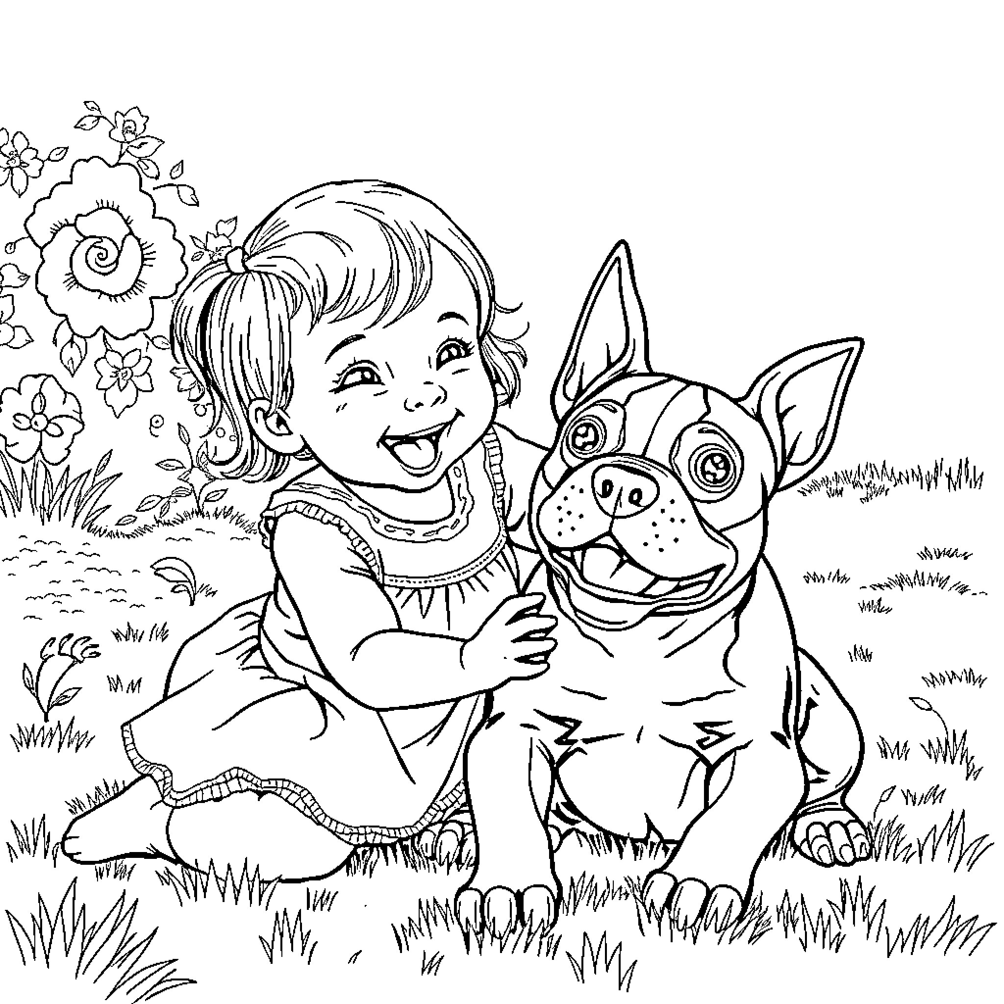 Baby Girl Playing with Friendly Dog in Nature Coloring Page (free black-and-white line drawing printable PDF for all, from beginners to advanced learners, including children, teens, adults, and seniors)
