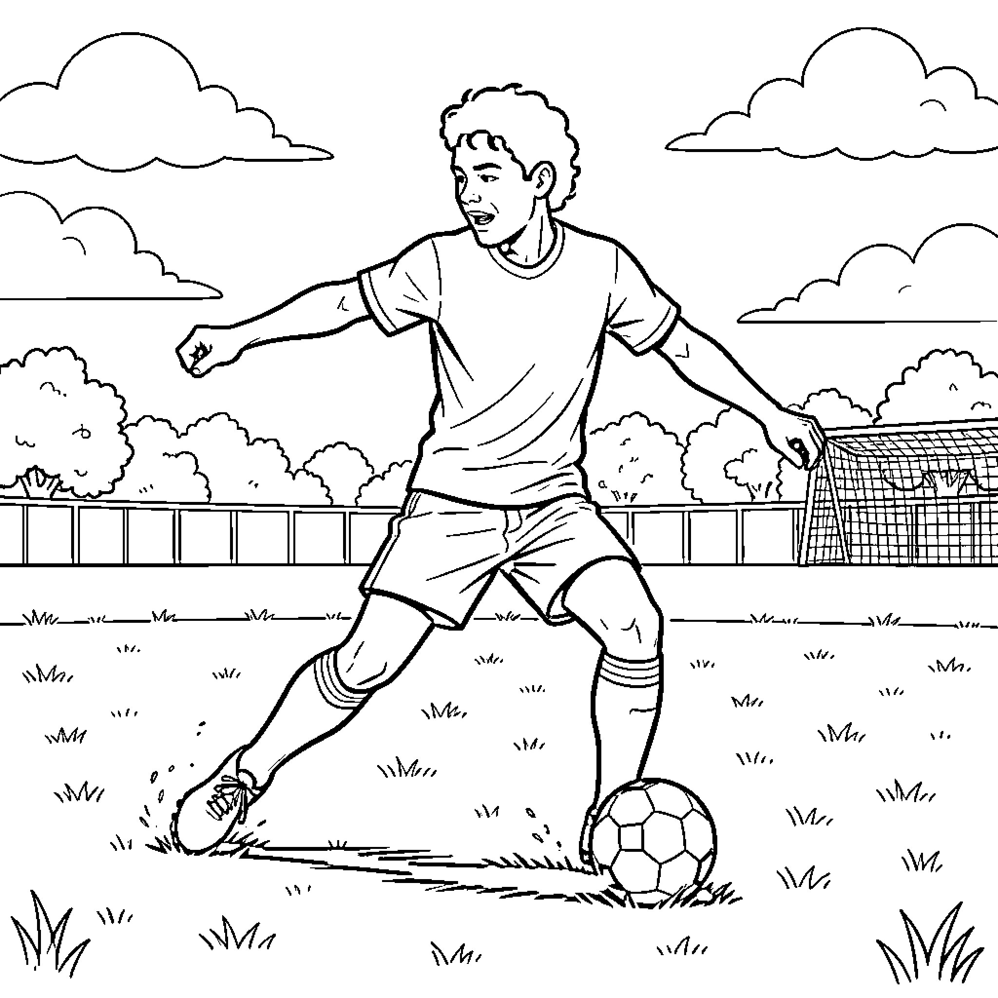 Ronaldo dribbling a soccer ball on a field Coloring Page (free black-and-white line drawing printable PDF for all, from beginners to advanced learners, including children, teens, adults, and seniors)