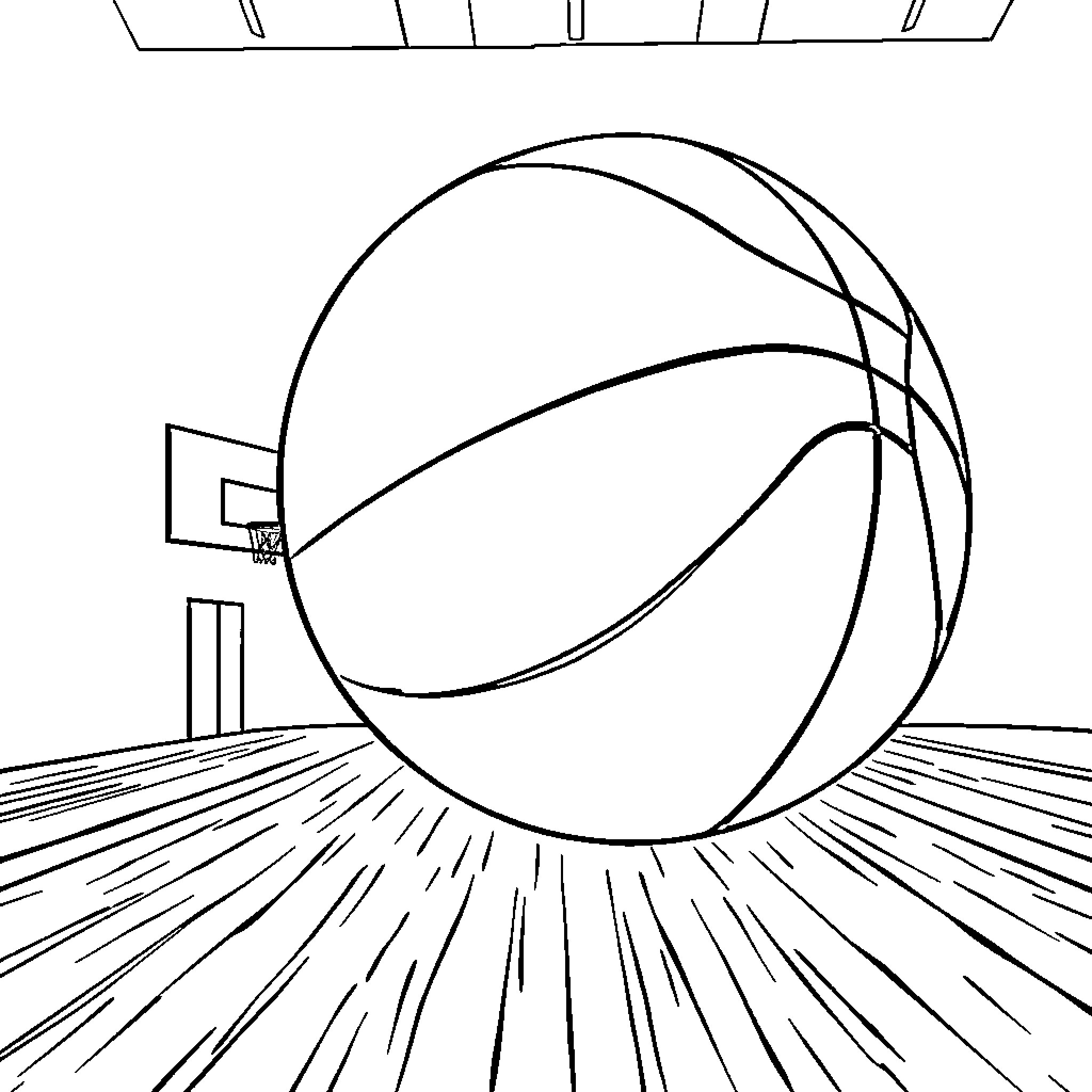 Basketball ball in motion on basketball court Coloring Page (free black-and-white line drawing printable PDF for all, from beginners to advanced learners, including children, teens, adults, and seniors)