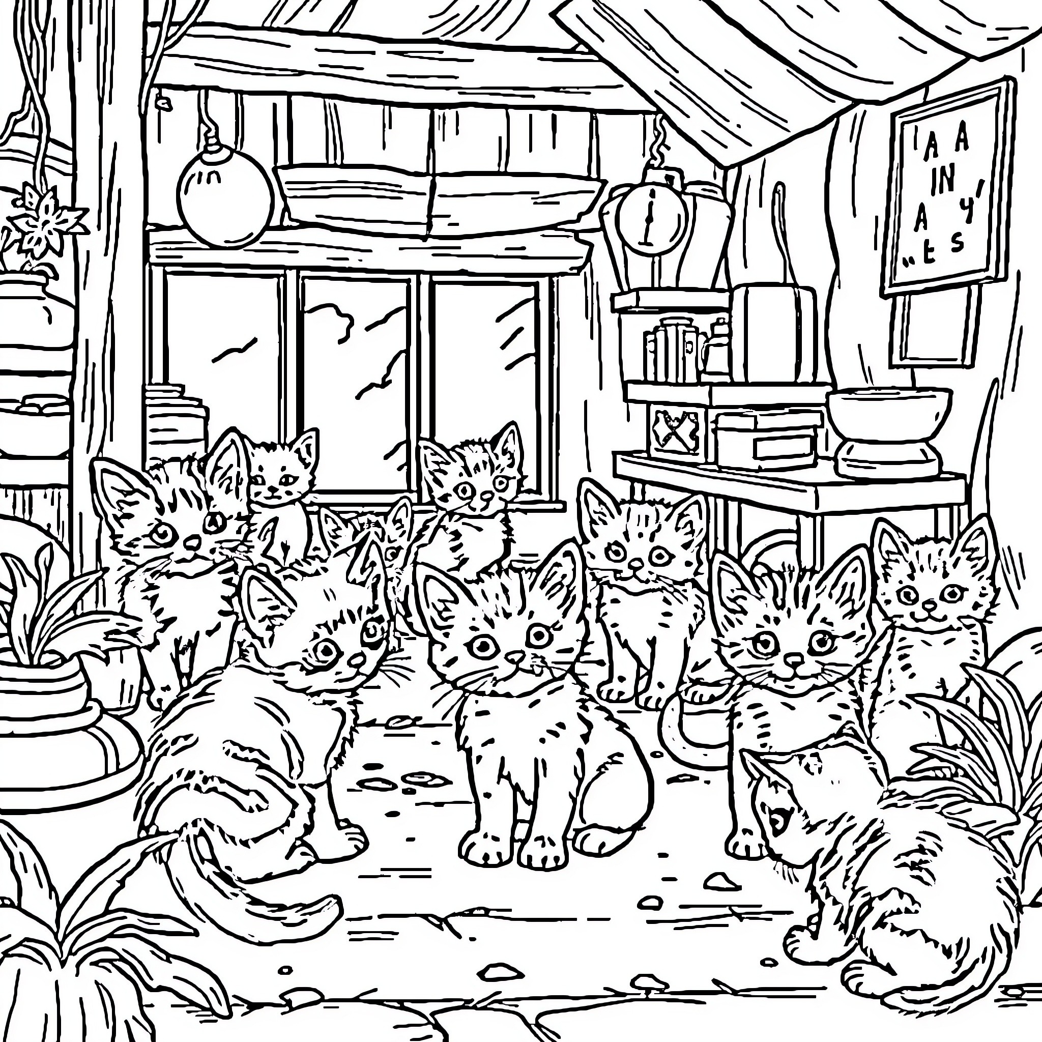 Kittens Exploring Cozy Home Interior Coloring Page (free black-and-white line drawing printable PDF for all, from beginners to advanced learners, including children, teens, adults, and seniors)