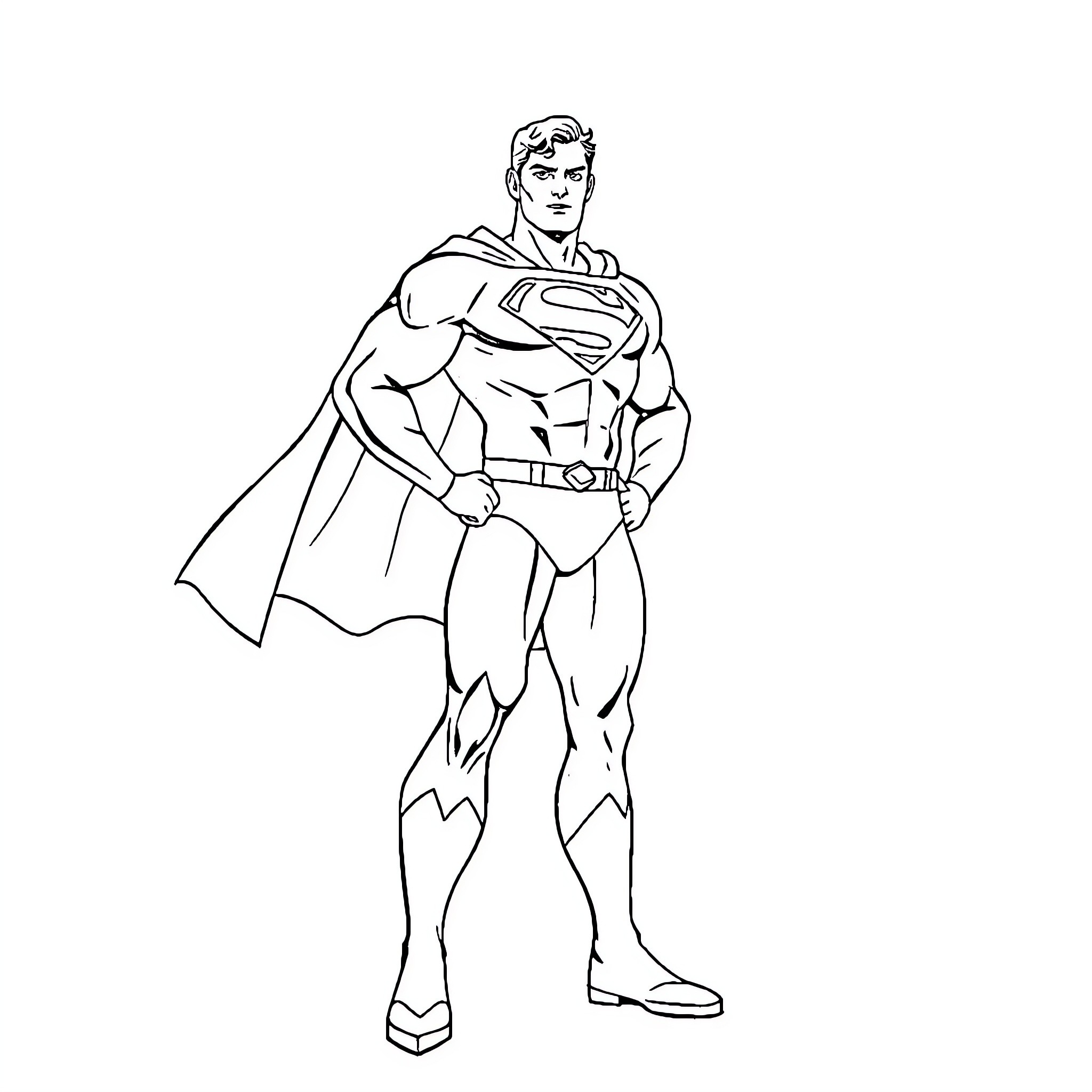 Superman in heroic action pose Coloring Page (free black-and-white line drawing printable PDF for all, from beginners to advanced learners, including children, teens, adults, and seniors)
