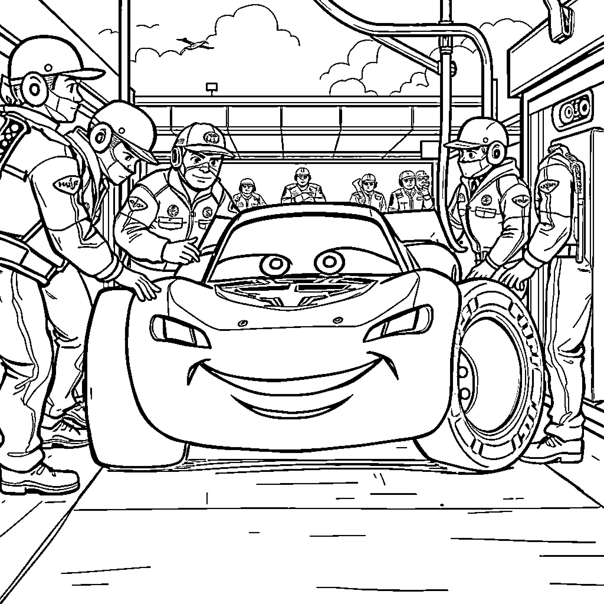 Lightning McQueen surrounded by racing team in pit stop Coloring Page (free black-and-white line drawing printable PDF for all, from beginners to advanced learners, including children, teens, adults, and seniors)