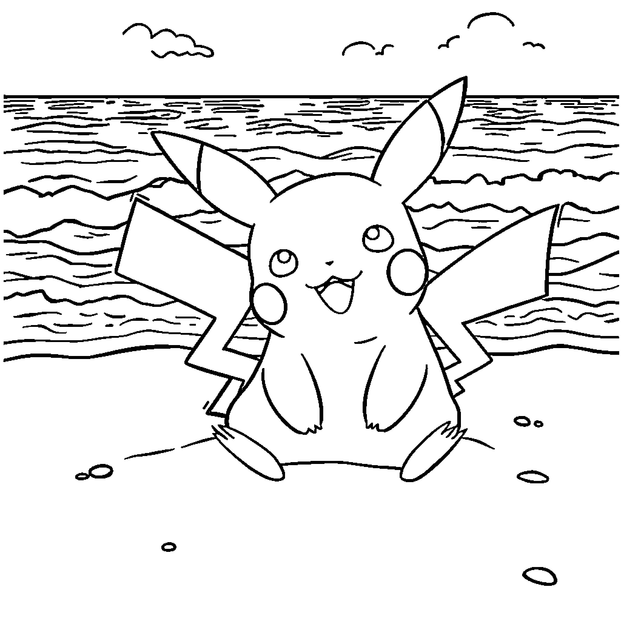 Pikachu enjoying a day at the beach Coloring Page (free black-and-white line drawing printable PDF for all, from beginners to advanced learners, including children, teens, adults, and seniors)