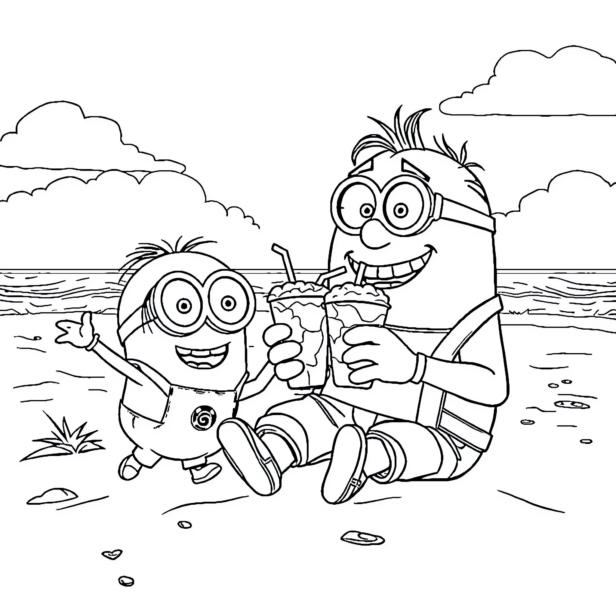 Gru and Minions Enjoying Beach Vacation Coloring Page (free black-and-white line drawing printable PDF for all, from beginners to advanced learners, including children, teens, adults, and seniors)