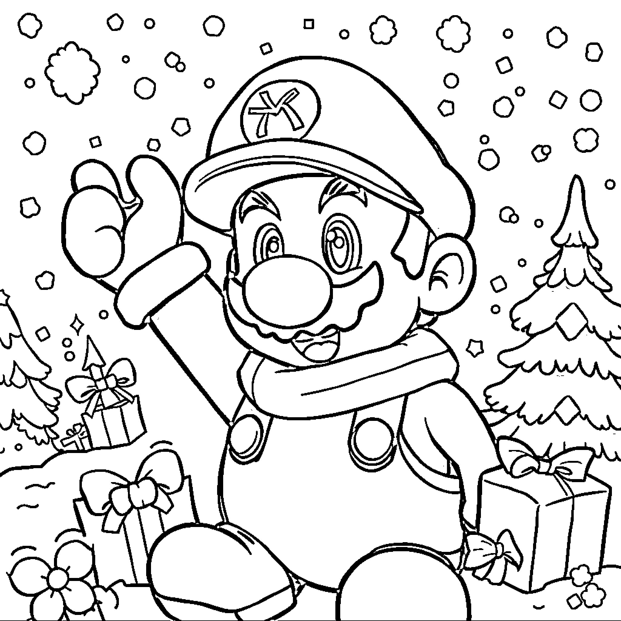 Mario's Festive Adventure in the Winter Wonderland Coloring Page (free black-and-white line drawing printable PDF for all, from beginners to advanced learners, including children, teens, adults, and seniors)