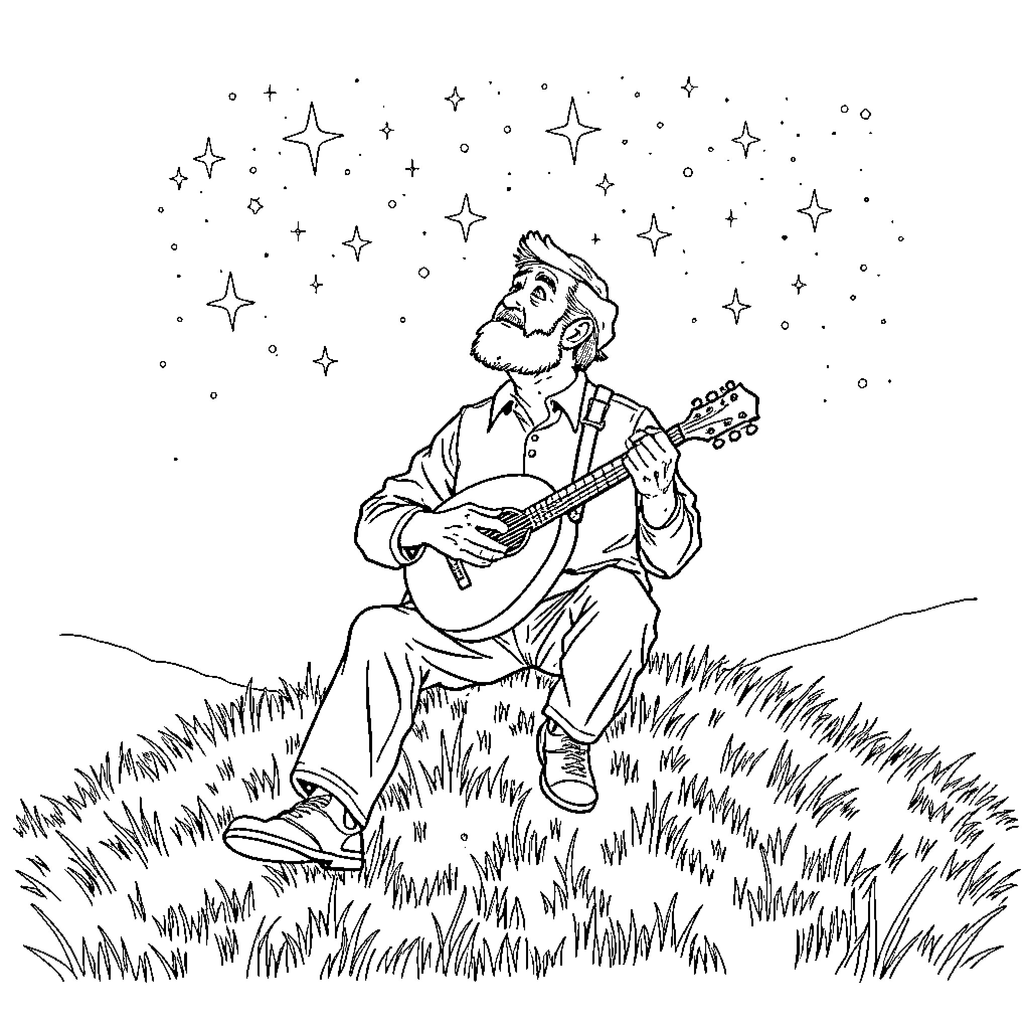 Bill Munro playing guitar under the starry night sky Coloring Page (free black-and-white line drawing printable PDF for all, from beginners to advanced learners, including children, teens, adults, and seniors)