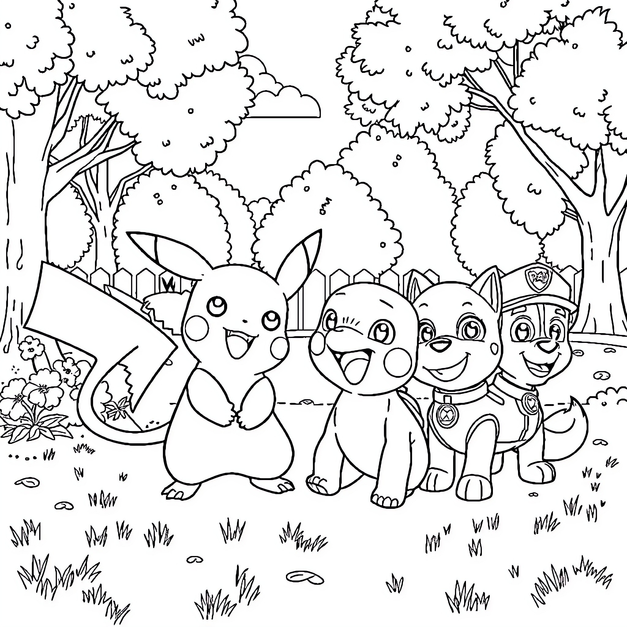 Pikachu and friends explore the forest Coloring Page (free black-and-white line drawing printable PDF for all, from beginners to advanced learners, including children, teens, adults, and seniors)