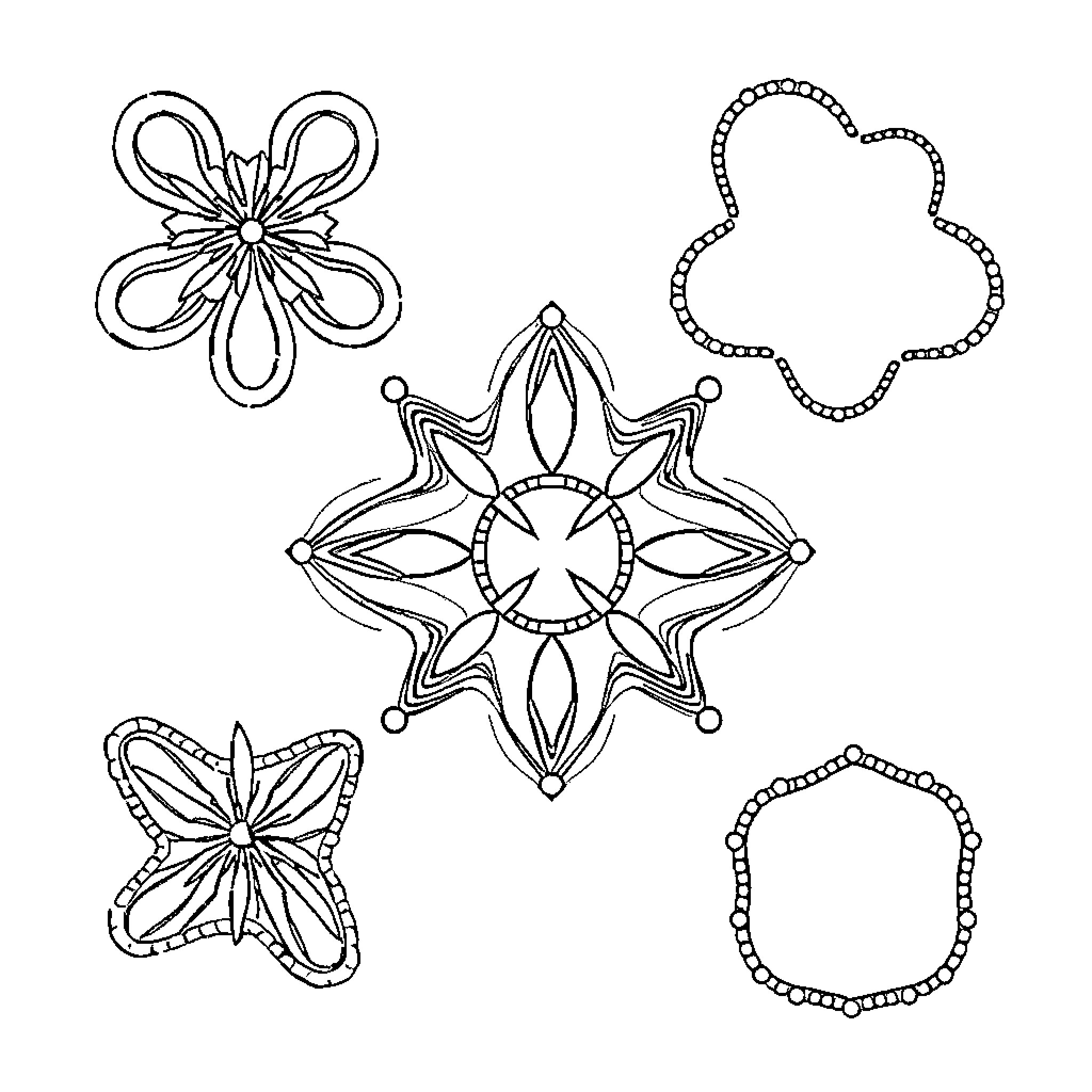 Shape Patterns with Floral Designs and Geometric Shapes Coloring Page (free black-and-white line drawing printable PDF for all, from beginners to advanced learners, including children, teens, adults, and seniors)