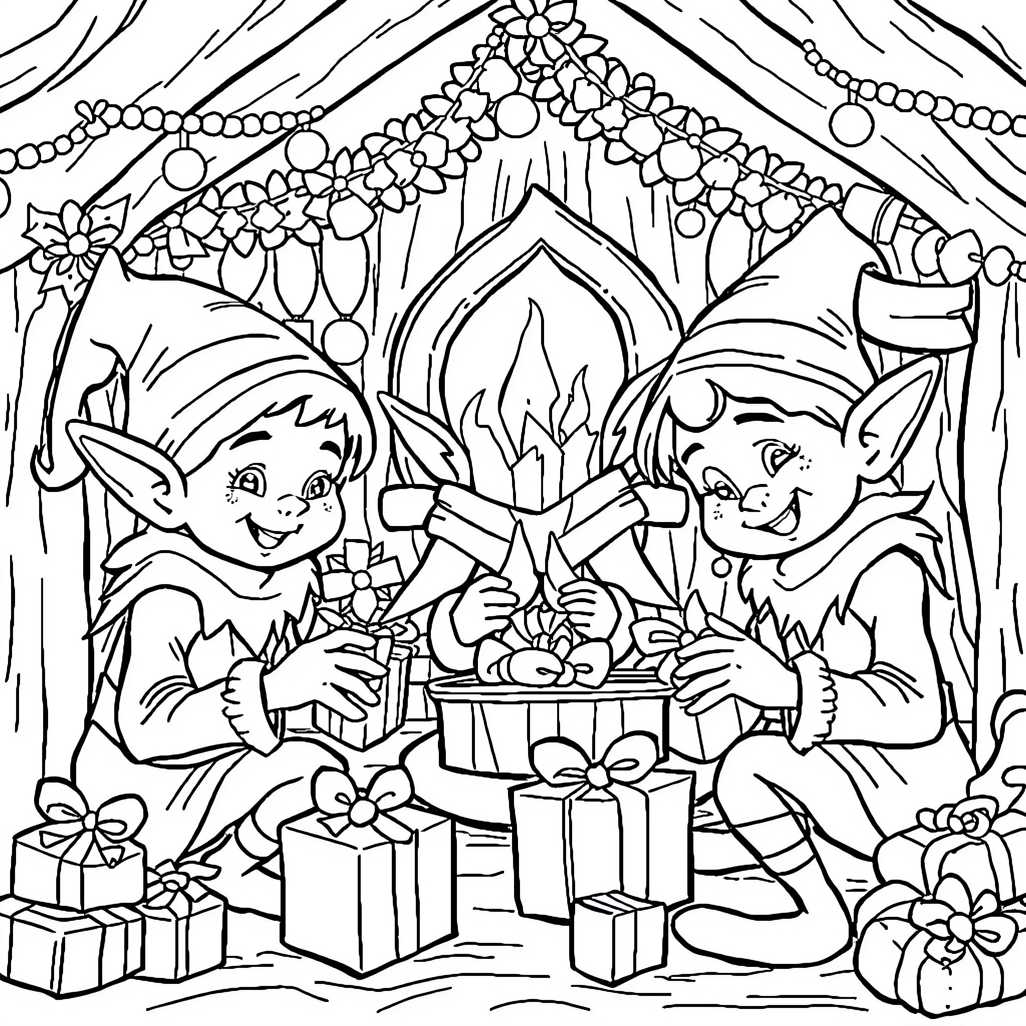 Elf Helpers Decorating for the Holidays Coloring Page (free black-and-white line drawing printable PDF for all, from beginners to advanced learners, including children, teens, adults, and seniors)