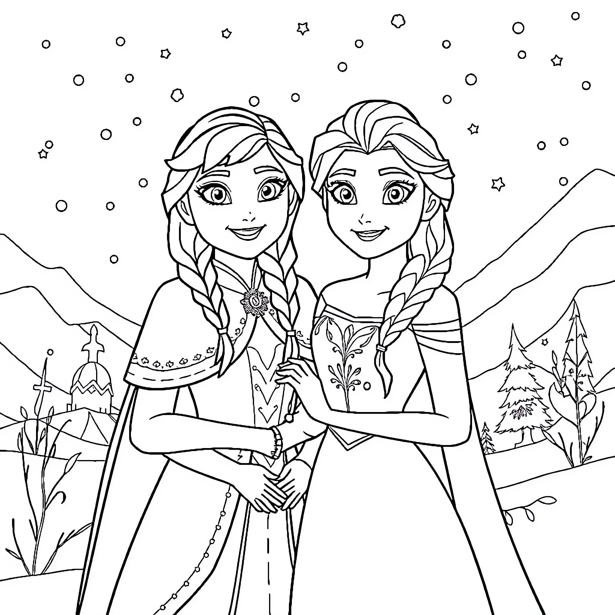 Anna and Elsa's Snowy Winter Adventure Coloring Page (free black-and-white line drawing printable PDF for all, from beginners to advanced learners, including children, teens, adults, and seniors)
