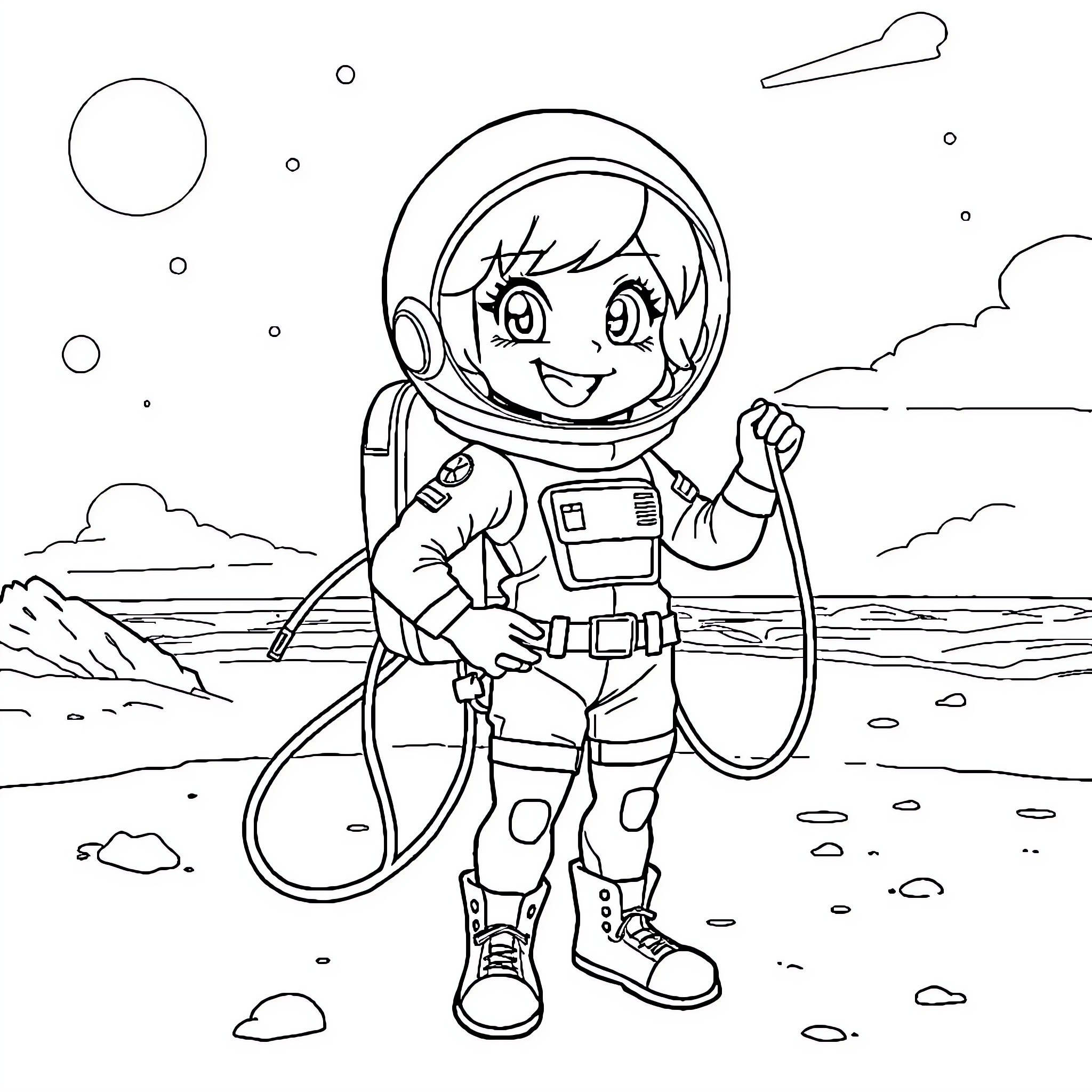Anime Sandy Cheeks exploring the cosmos in a spacesuit Coloring Page (free black-and-white line drawing printable PDF for all, from beginners to advanced learners, including children, teens, adults, and seniors)