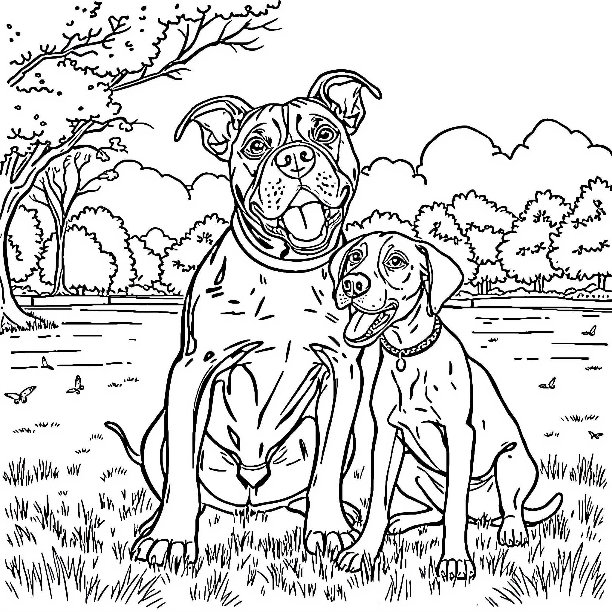 Dogs exploring the outdoors together Coloring Page (free black-and-white line drawing printable PDF for all, from beginners to advanced learners, including children, teens, adults, and seniors)