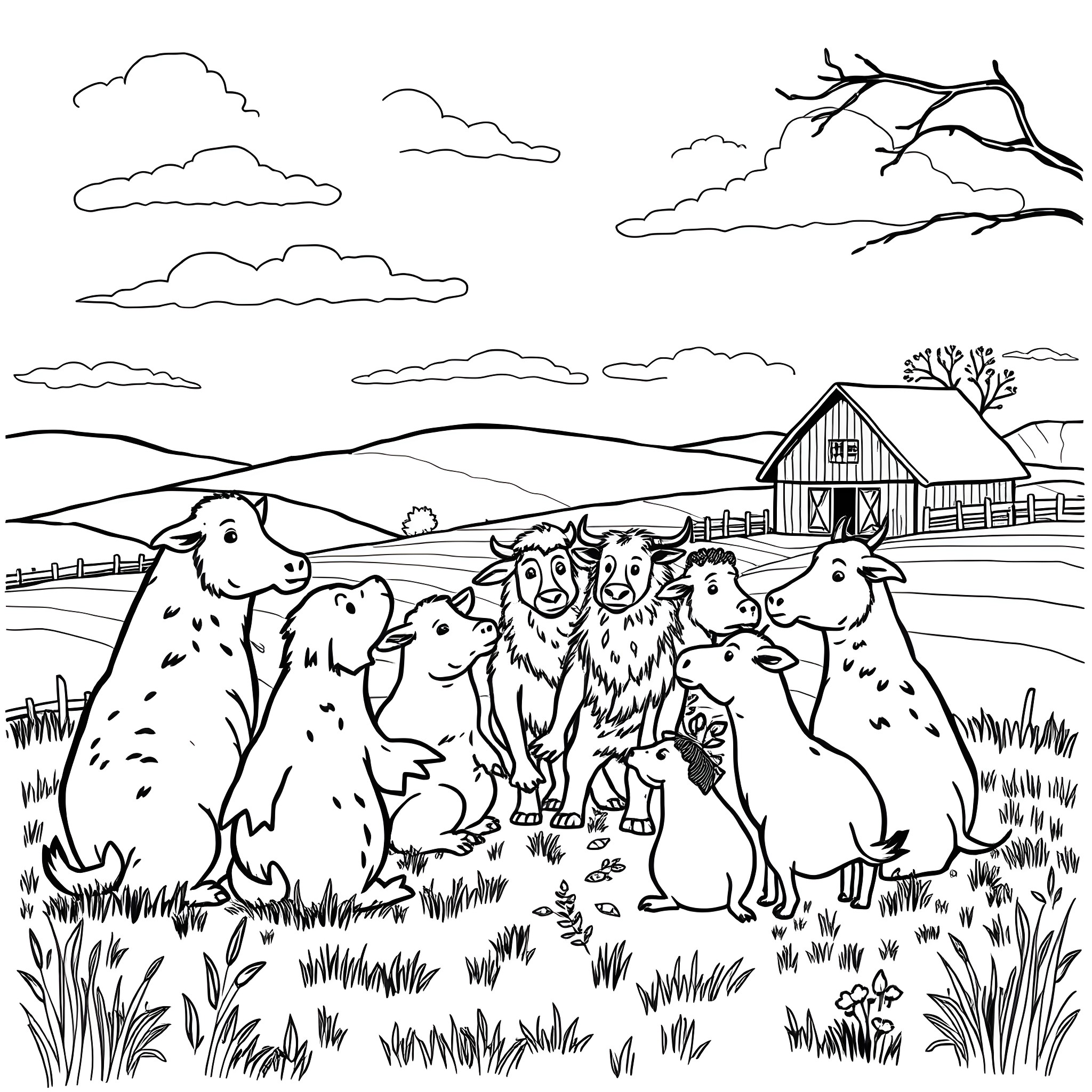 Animals playing in a farm field Coloring Page (free black-and-white line drawing printable PDF for all, from beginners to advanced learners, including children, teens, adults, and seniors)