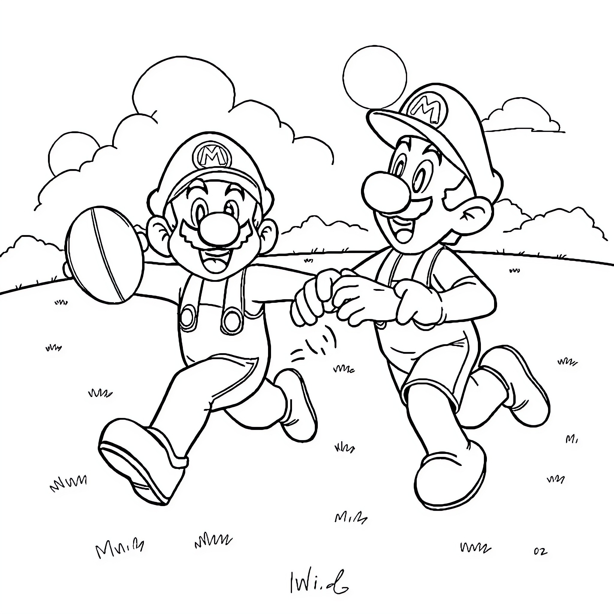Mario and Luigi Playing Together in the Park Coloring Page (free black-and-white line drawing printable PDF for all, from beginners to advanced learners, including children, teens, adults, and seniors)