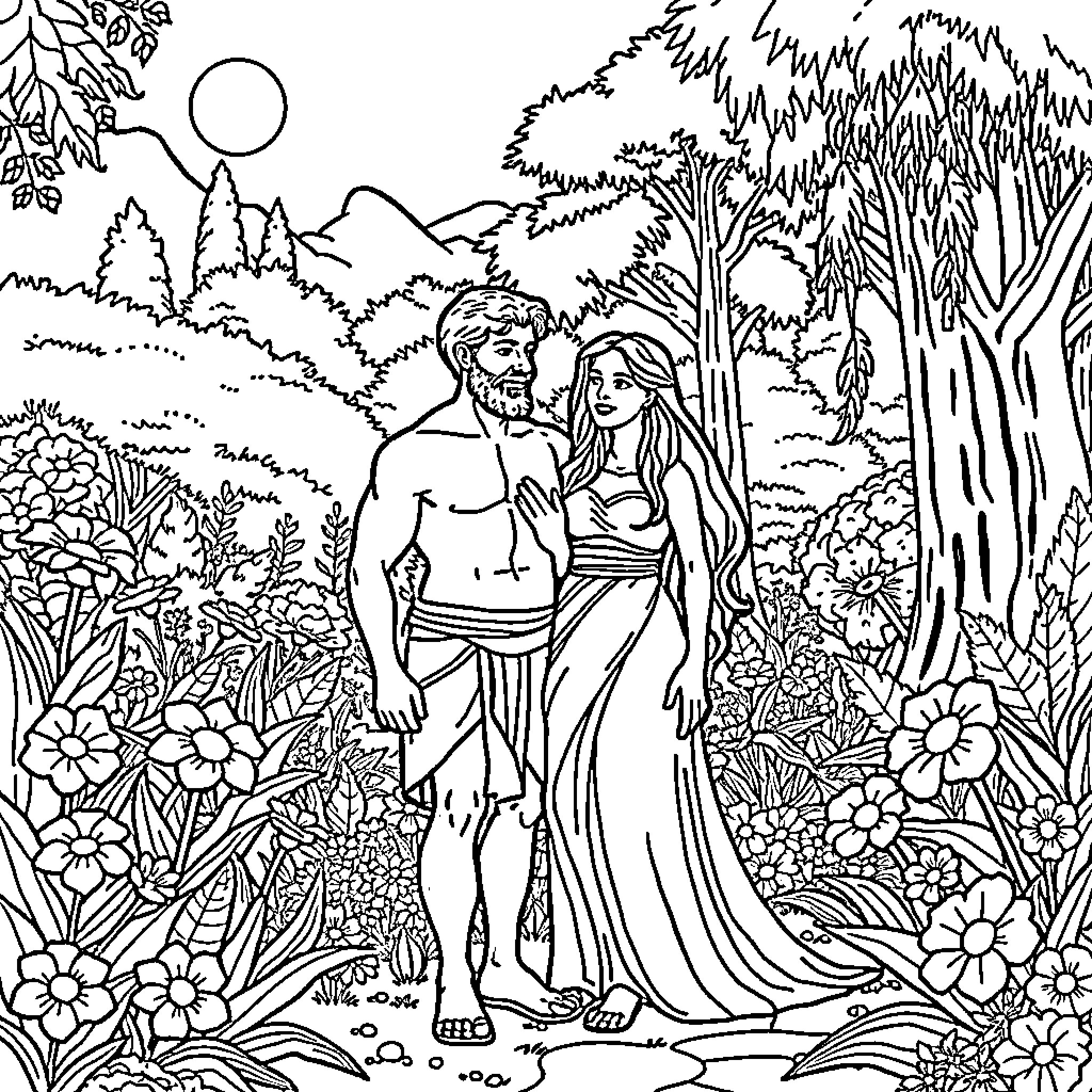 Adam and Eve in the Garden of Eden Coloring Page (free black-and-white line drawing printable PDF for all, from beginners to advanced learners, including children, teens, adults, and seniors)
