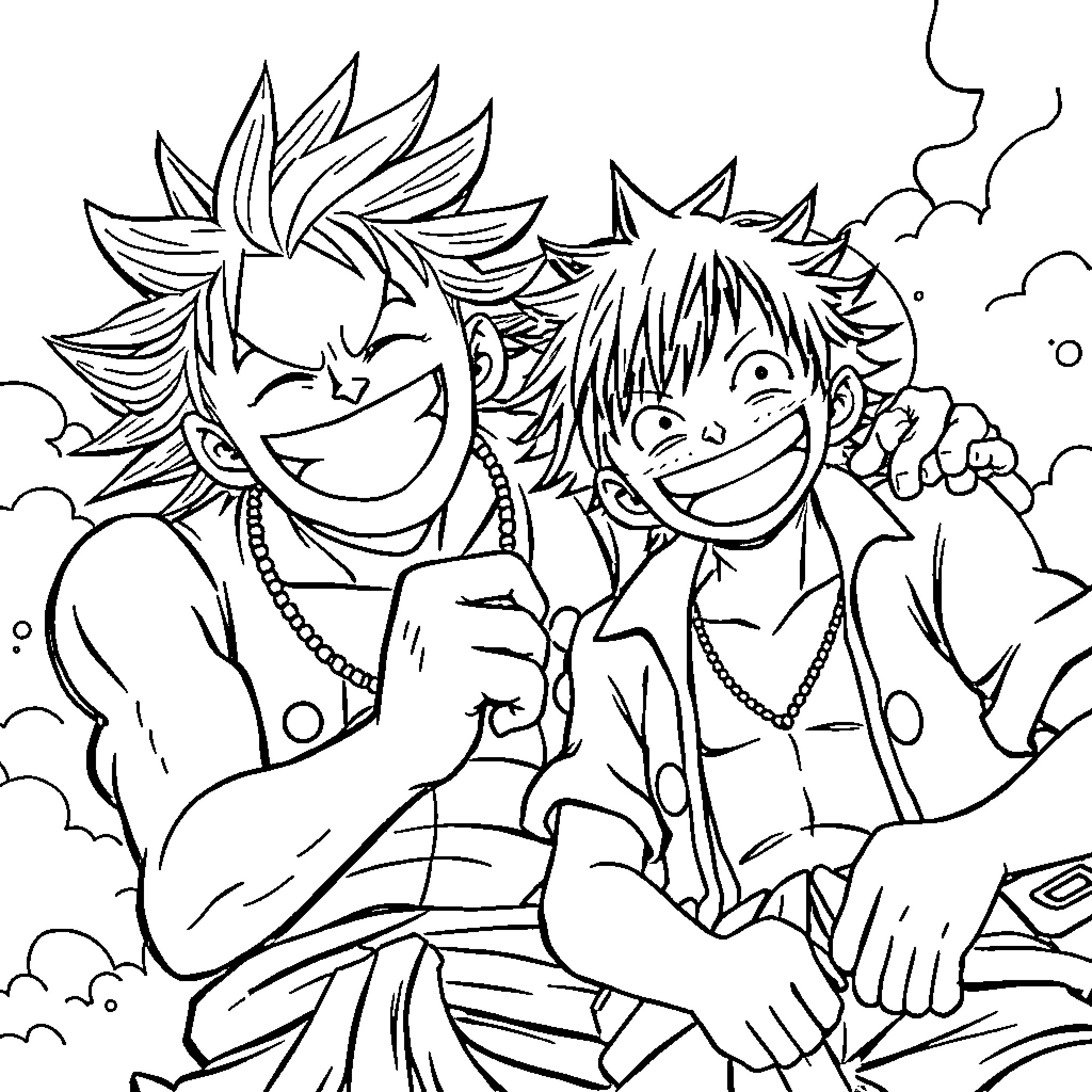 Sangoku characters laughing joyfully together with arms around each other Coloring Page (free black-and-white line drawing printable PDF for all, from beginners to advanced learners, including children, teens, adults, and seniors)