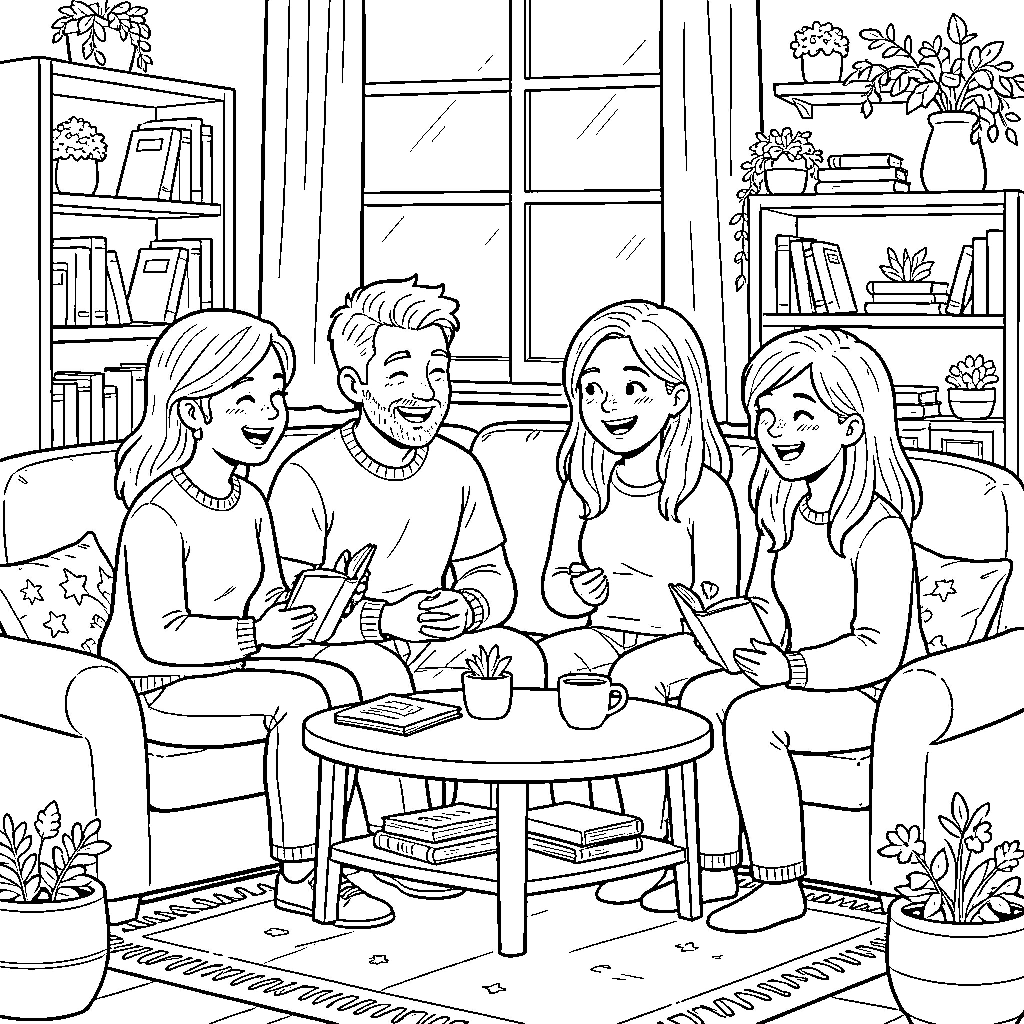 Friendship group reading books together on a sofa Coloring Page (free black-and-white line drawing printable PDF for all, from beginners to advanced learners, including children, teens, adults, and seniors)