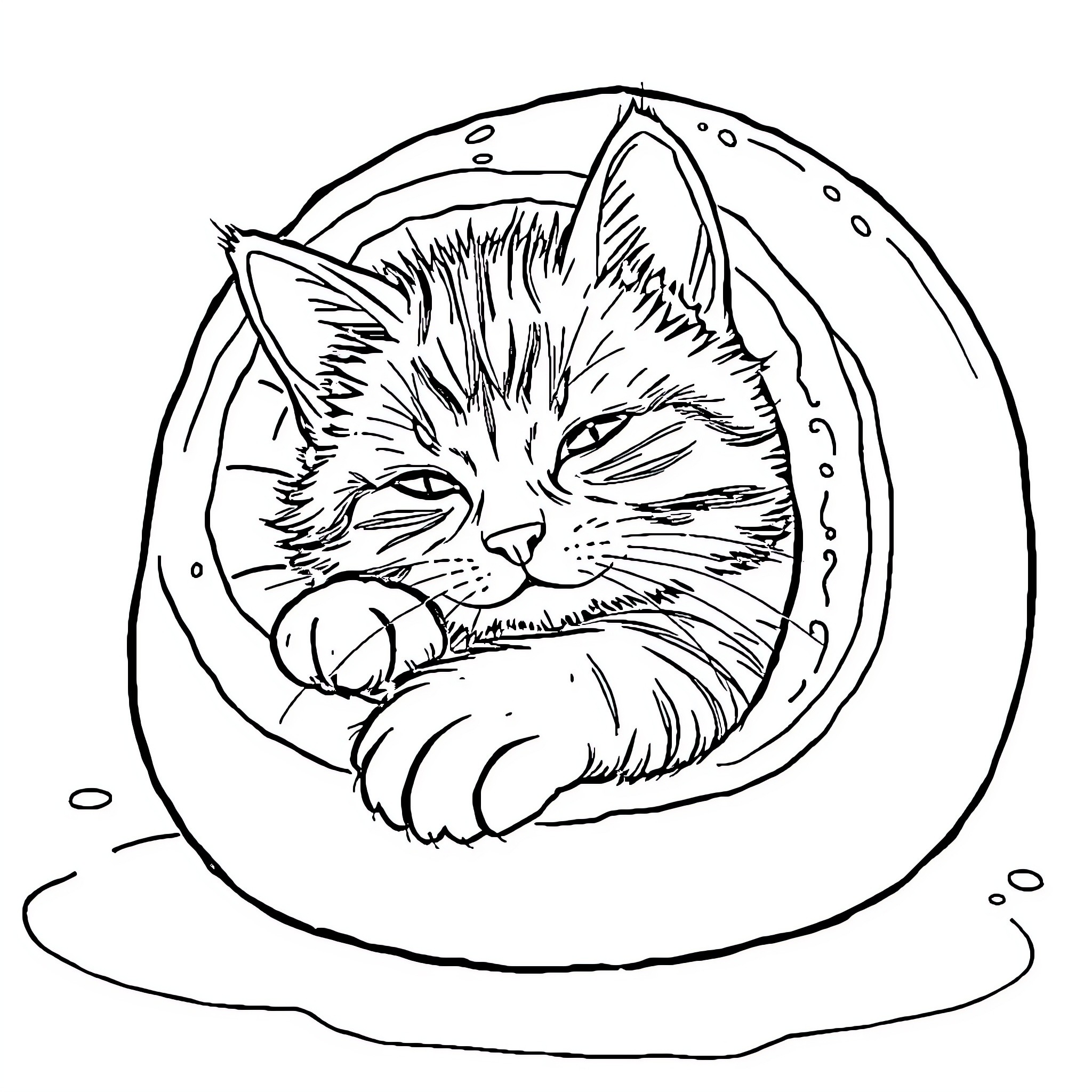 Cat curled up and napping in a cozy space Coloring Page (free black-and-white line drawing printable PDF for all, from beginners to advanced learners, including children, teens, adults, and seniors)