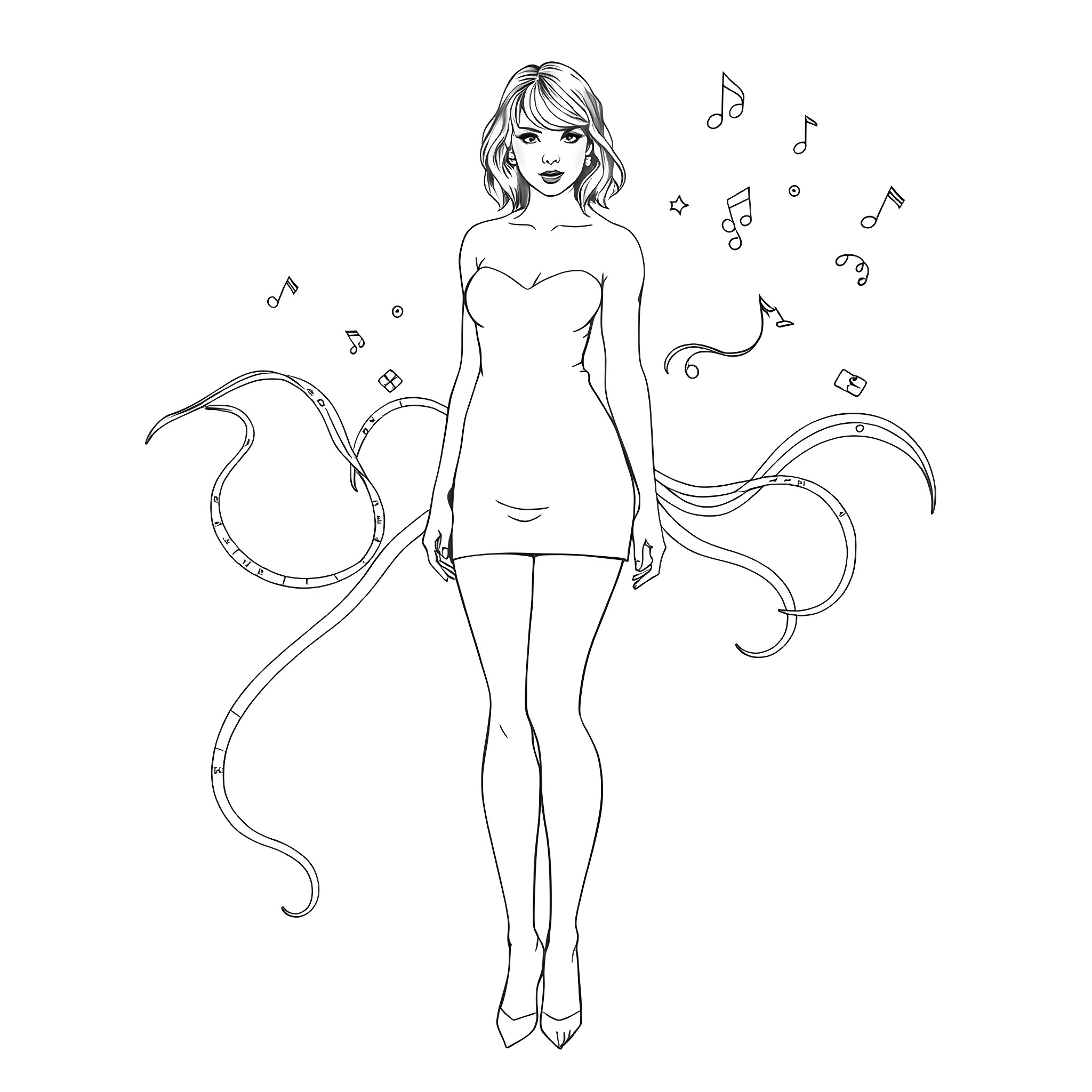 Taylor Swift singing and dancing with musical notes Coloring Page (free black-and-white line drawing printable PDF for all, from beginners to advanced learners, including children, teens, adults, and seniors)