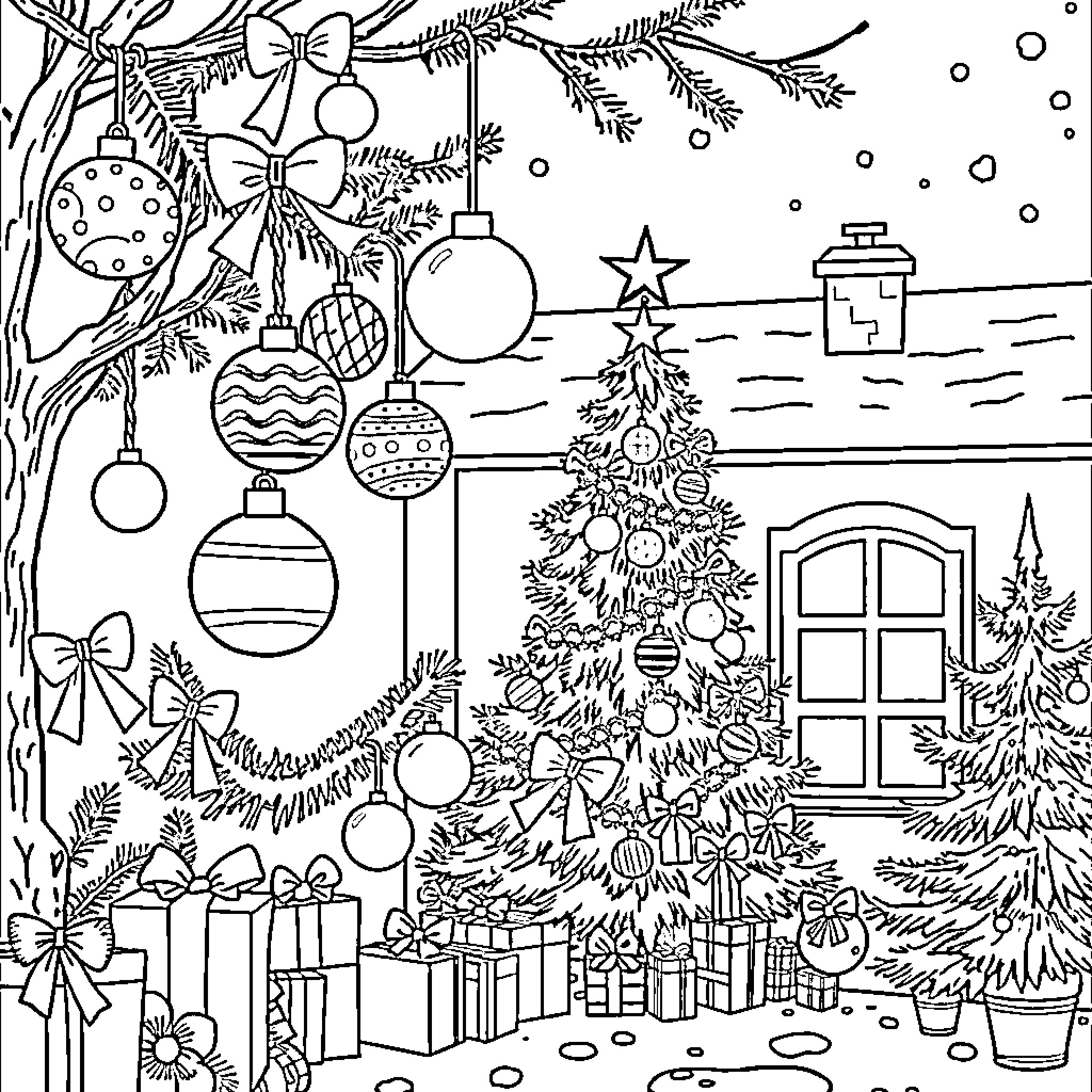 Christmas Decoration Scene with Festive Ornaments and Gifts Coloring Page (free black-and-white line drawing printable PDF for all, from beginners to advanced learners, including children, teens, adults, and seniors)