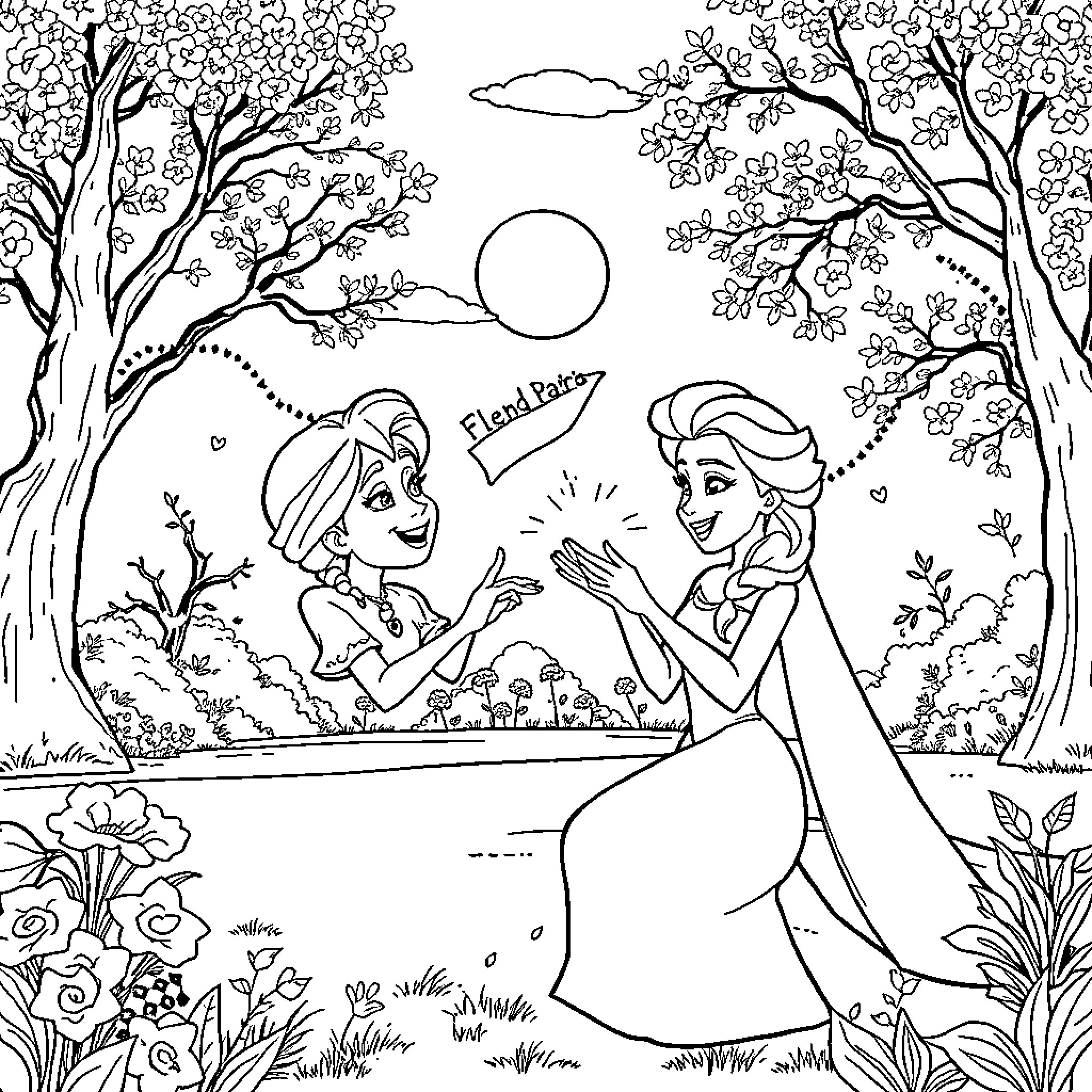 Bluey Sisters Dancing in the Enchanted Forest Coloring Page (free black-and-white line drawing printable PDF for all, from beginners to advanced learners, including children, teens, adults, and seniors)