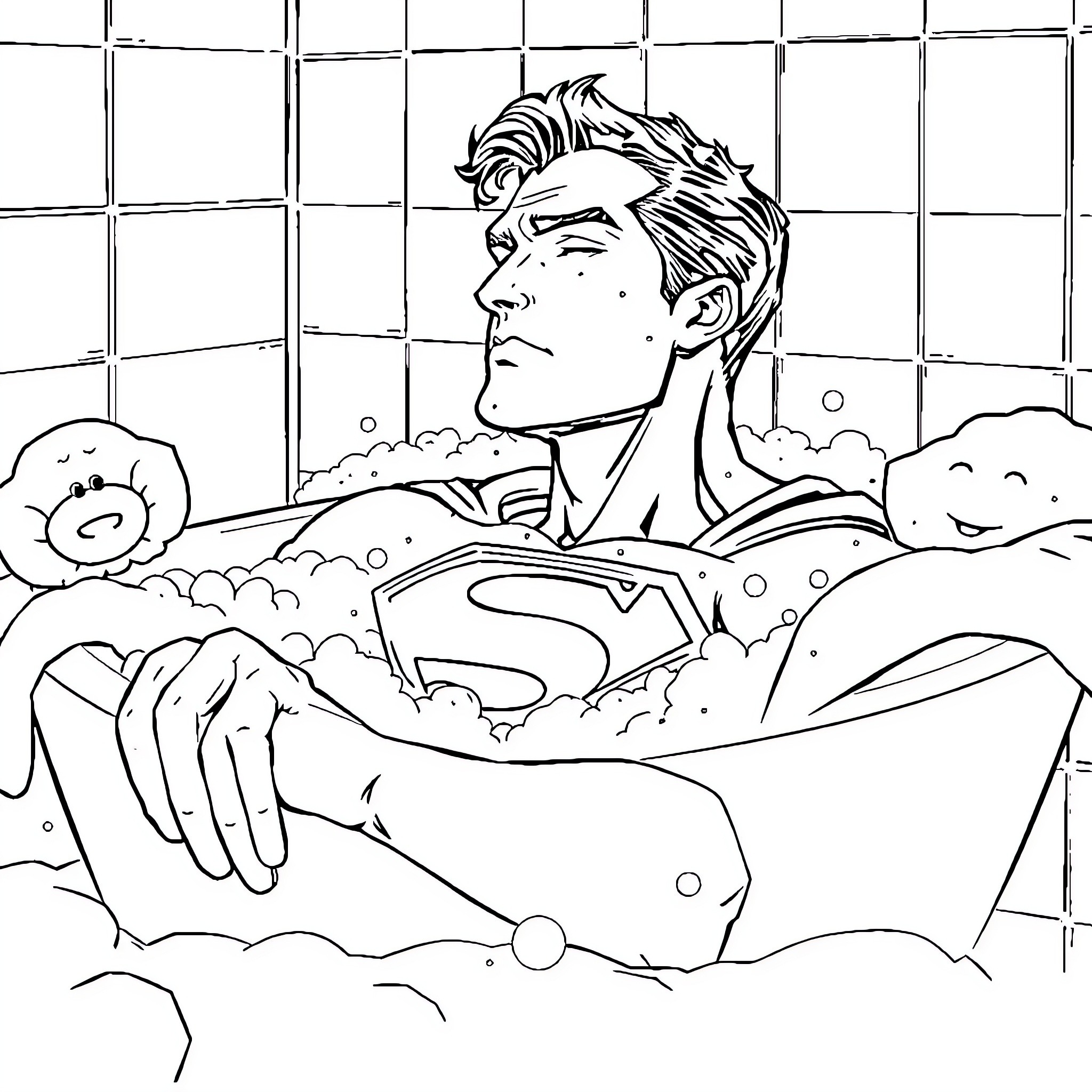 Superman relaxing in a bubble bath Coloring Page (free black-and-white line drawing printable PDF for all, from beginners to advanced learners, including children, teens, adults, and seniors)