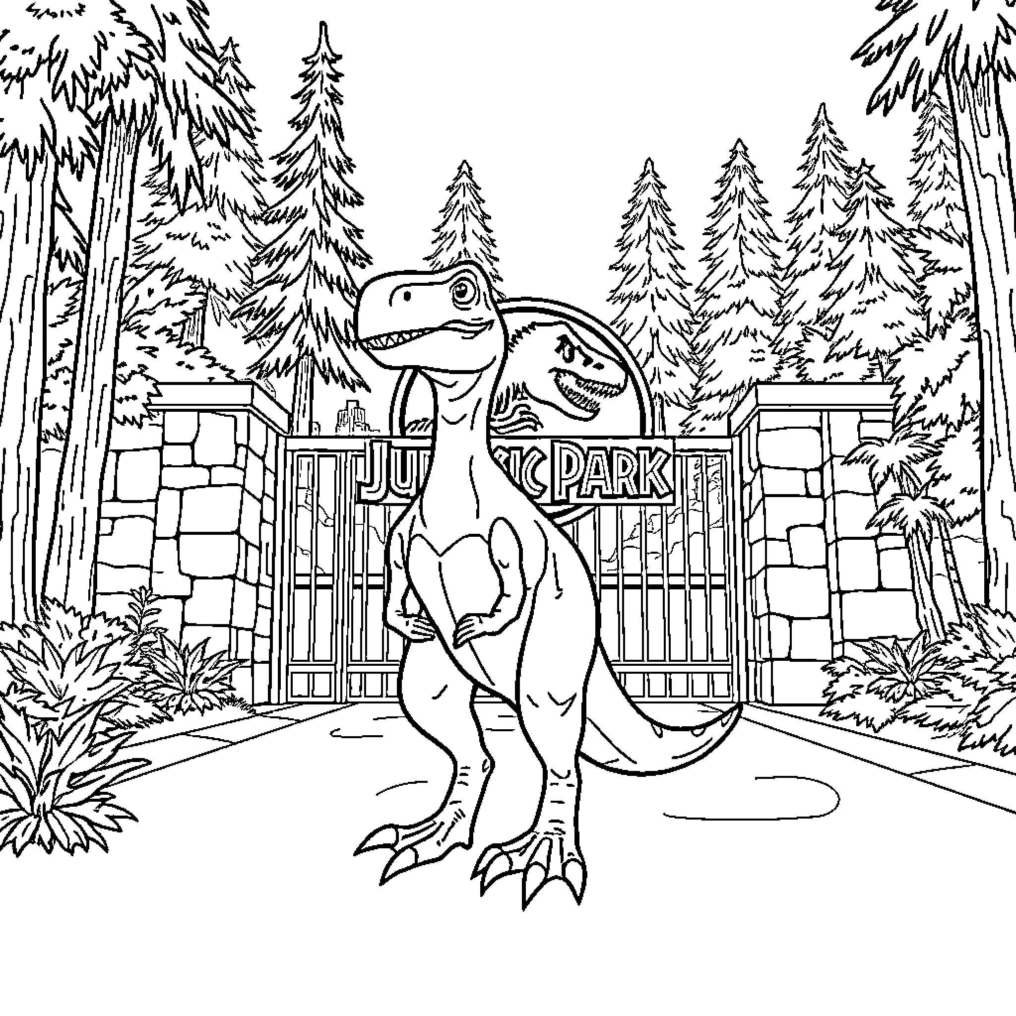 Raptor guarding the park entrance Coloring Page (free black-and-white line drawing printable PDF for all, from beginners to advanced learners, including children, teens, adults, and seniors)