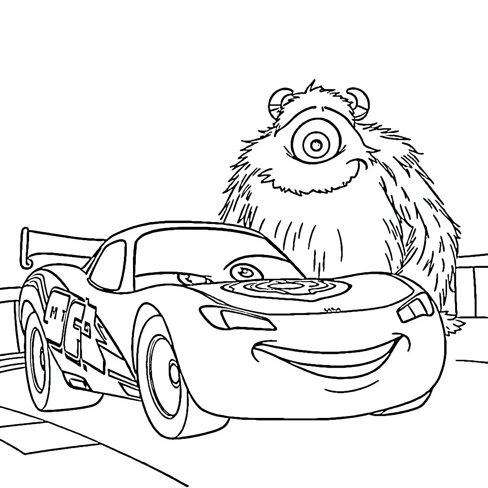 Lighting McQueen interacts with a friendly monster Coloring Page (free black-and-white line drawing printable PDF for all, from beginners to advanced learners, including children, teens, adults, and seniors)
