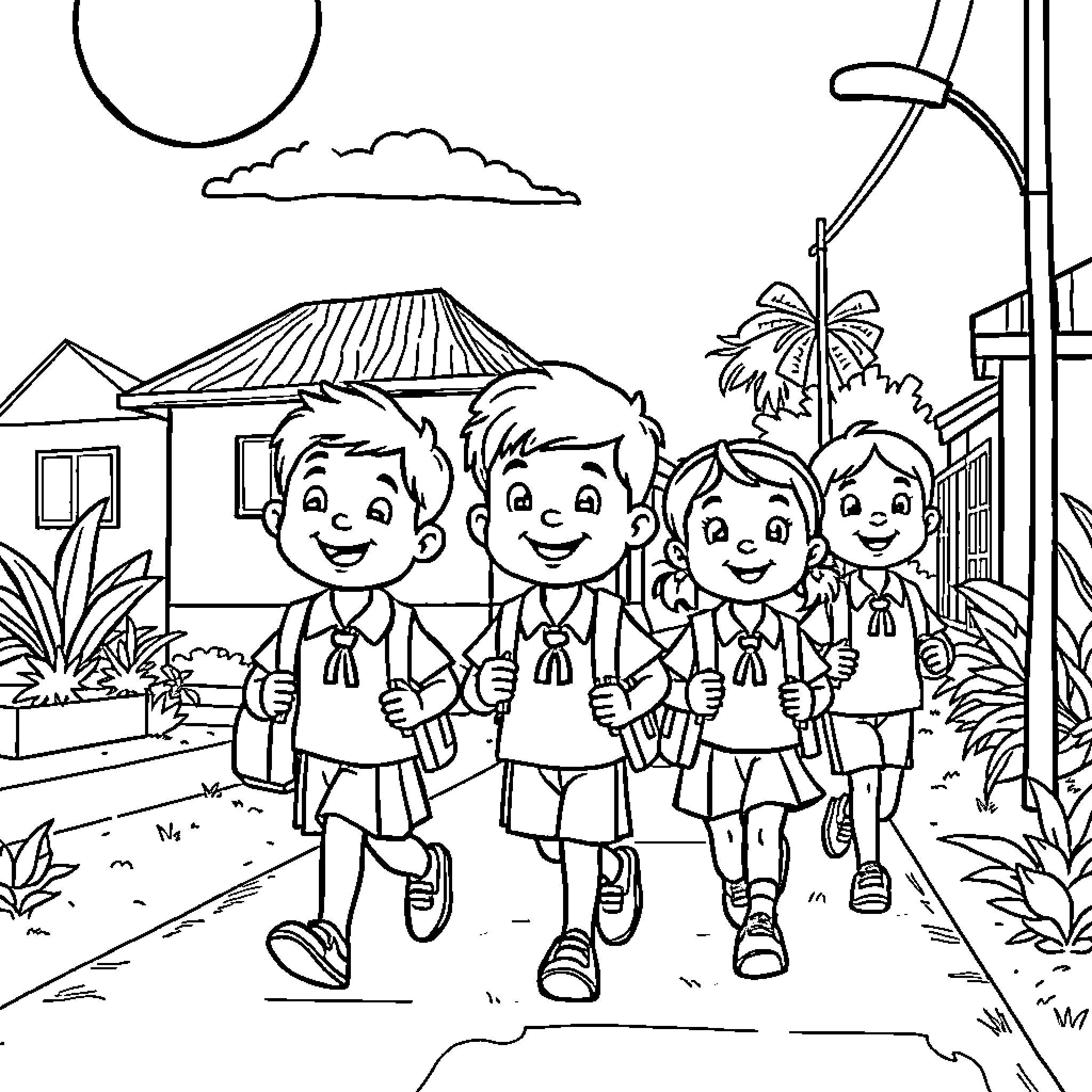 Bluey and friends walking home from school Coloring Page (free black-and-white line drawing printable PDF for all, from beginners to advanced learners, including children, teens, adults, and seniors)