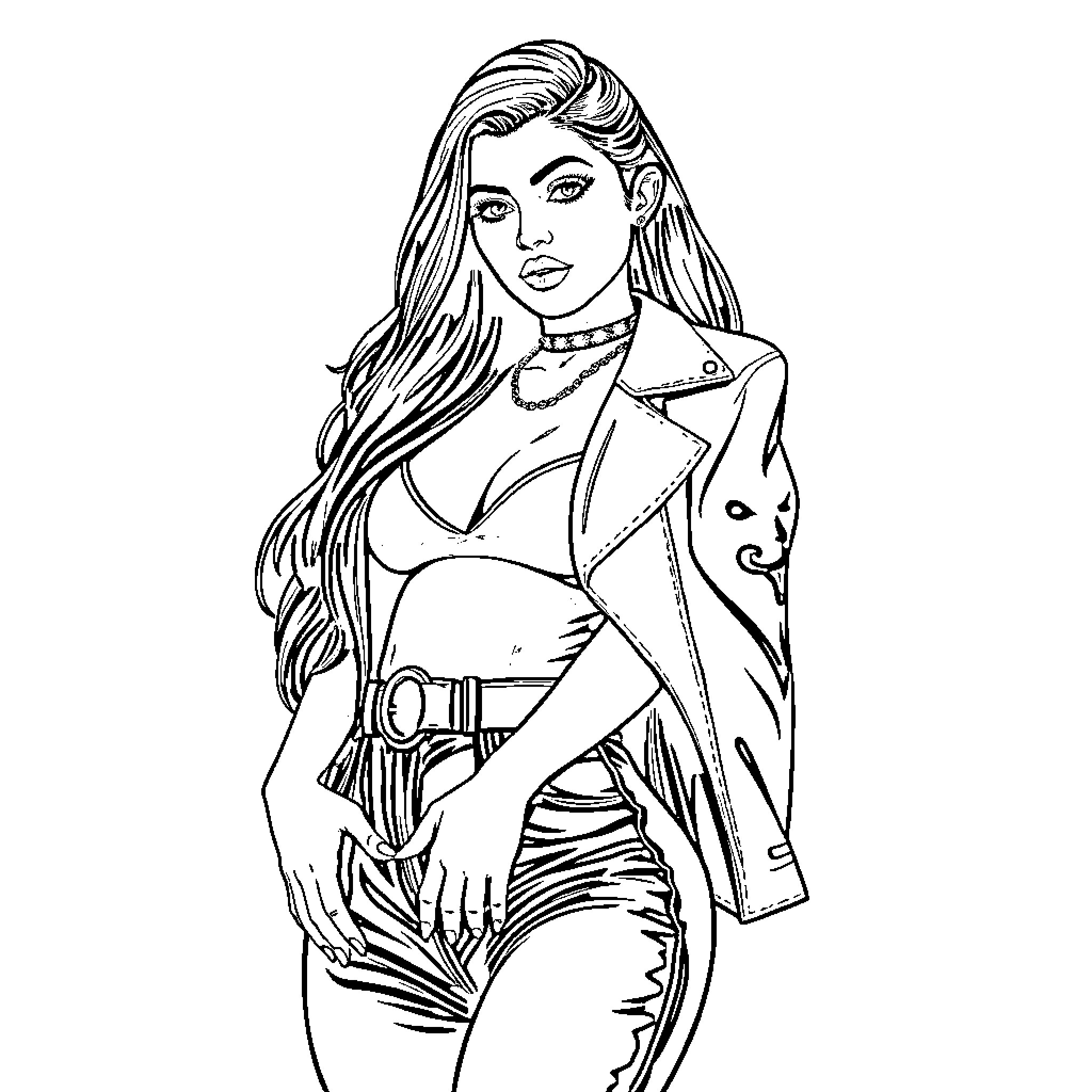 Kylie Jenner's edgy fashion and confident expression Coloring Page (free black-and-white line drawing printable PDF for all, from beginners to advanced learners, including children, teens, adults, and seniors)