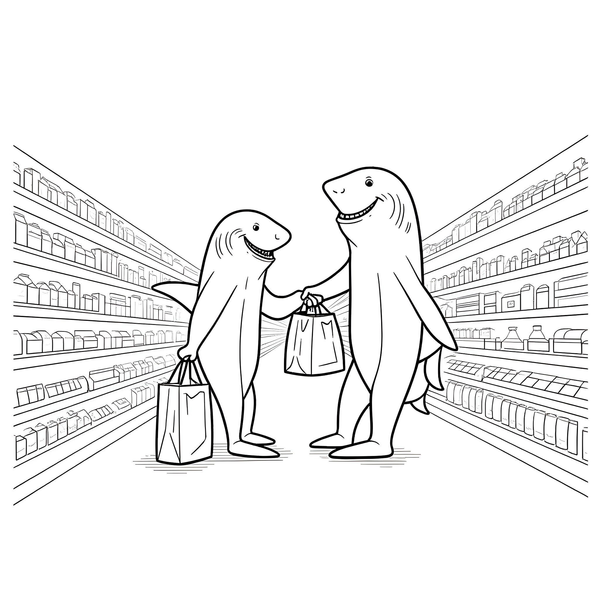 Sharks shopping together in the grocery store Coloring Page (free black-and-white line drawing printable PDF for all, from beginners to advanced learners, including children, teens, adults, and seniors)